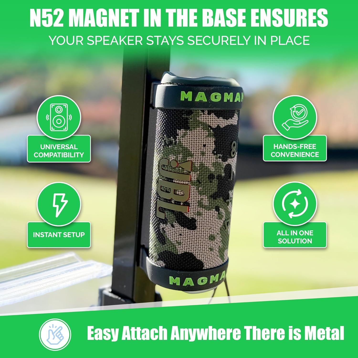 Universal Magnetic Speaker Holder – Strong Mount for Bluetooth Speakers on Golf Carts, Beach Gear, RVs, Home & More | Secure, Hands-Free, Easy Attach Anywhere There is Metal