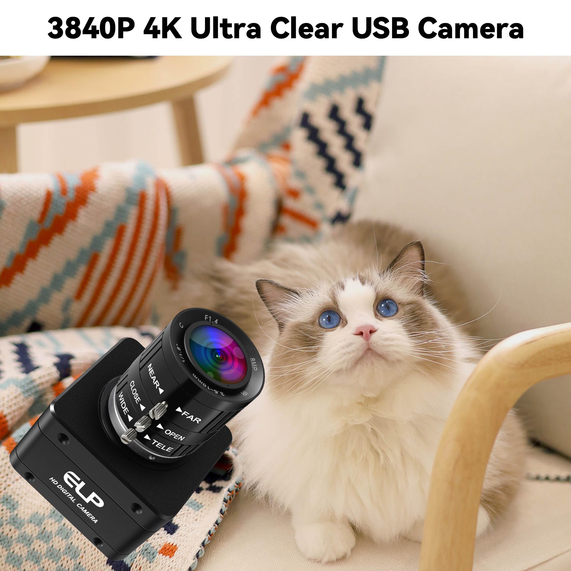 ELP Fotocamera industriale USB 3.0 da 20 MP, 4K UHD 3840P ad alta risoluzione con obiettivo zoom manuale 3x da 3,6-10 mm, frame rate alto 30 fps, webcam Lightburn, compatibile con Windows, Linux, Mac
