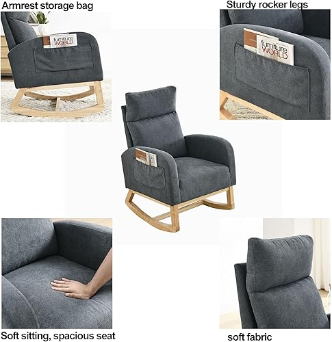 Miniatura 6 de 27.6 pulgadas de ancho, moderno acento mecedor, tapizado para habitación del bebé con respaldo alto y reposabrazos, cómodo sillón con dos bolsillos