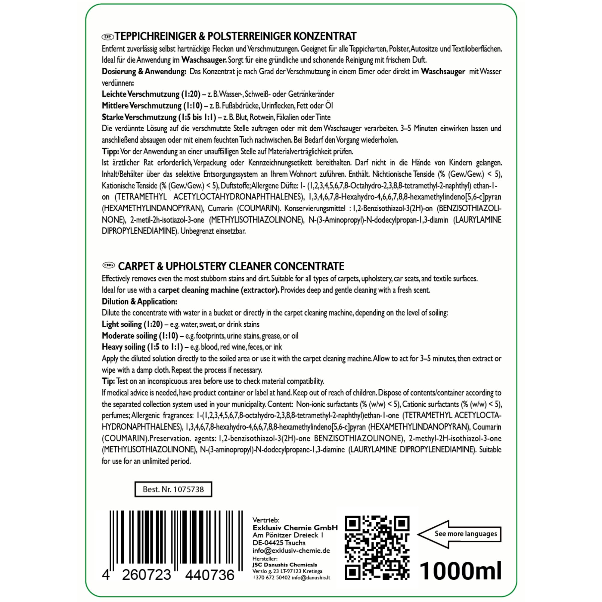 Koncentrat do czyszczenia dywanów i tapicerki 1L – Odpowiedni do odkurzaczy piorących i ekstrakcyjnych – Do dywanów, tapicerki, siedzeń samochodowych i powierzchni tekstylnych – Świeży zapach