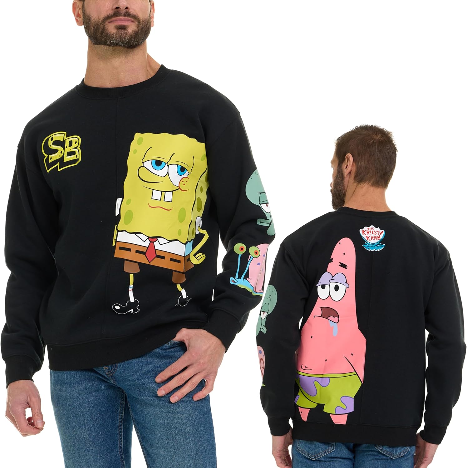 Nickelodeon SpongeBob Patrick Men’s Split Fleece Crewneck Sweatshirt with Embroidery