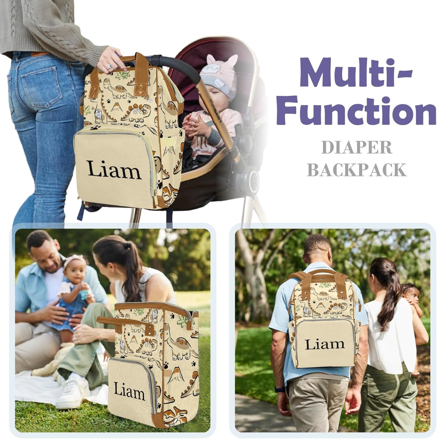 Personalized Diaper Bag Mommy Bag with Multi-function Shoulders Outdoor Backpack for Newborn Baby Boy Dinosaur, Customized Nappy Backpack with Thermal Pockets Nursing Bags for Boys