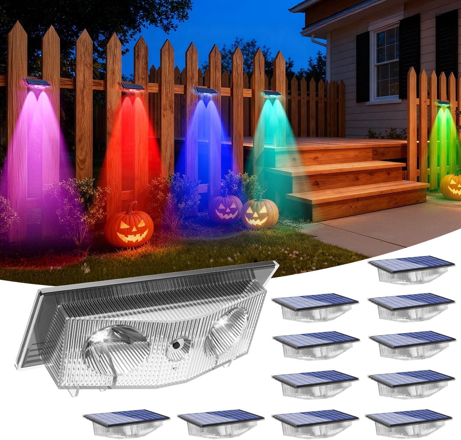 Solar Fence Lights, Fence Light Solar Powered with 6 RGB Colors & Warm White & Cool White, Waterproof Bright Backyard Fence Solar Outdoor Lights for Outside Deck Wall Step Patio Pool(12 Packs)