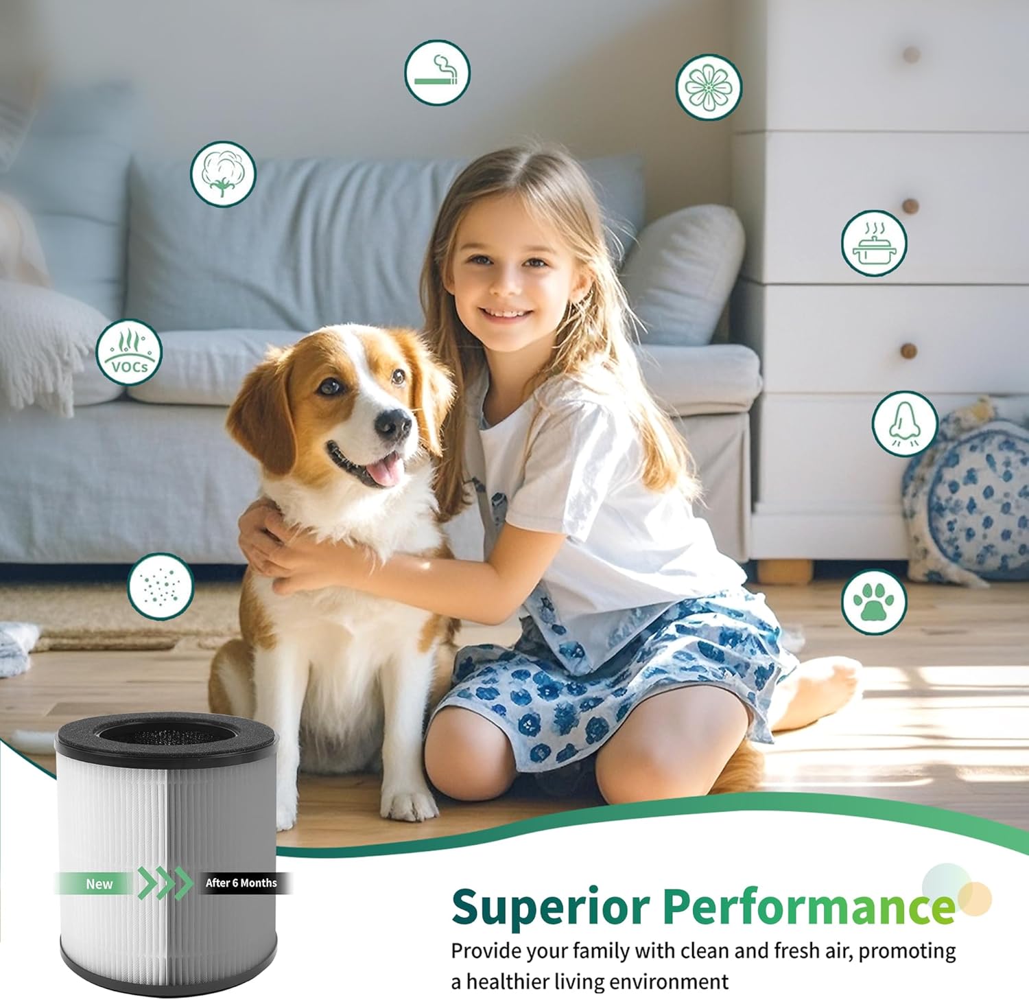 Child and dog in a clean home environment with a filter showing new vs. after 6 months