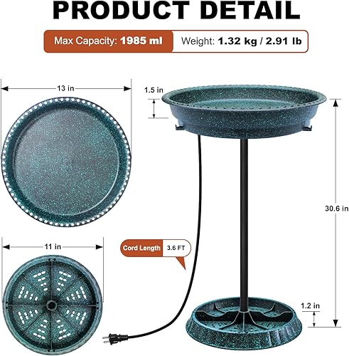 Miniatura 6 de Bañera para pájaros climatizada, 75 W, control termostático, ligera, pedestal con estaca de metal, baños para pájaros calentados para exteriores,