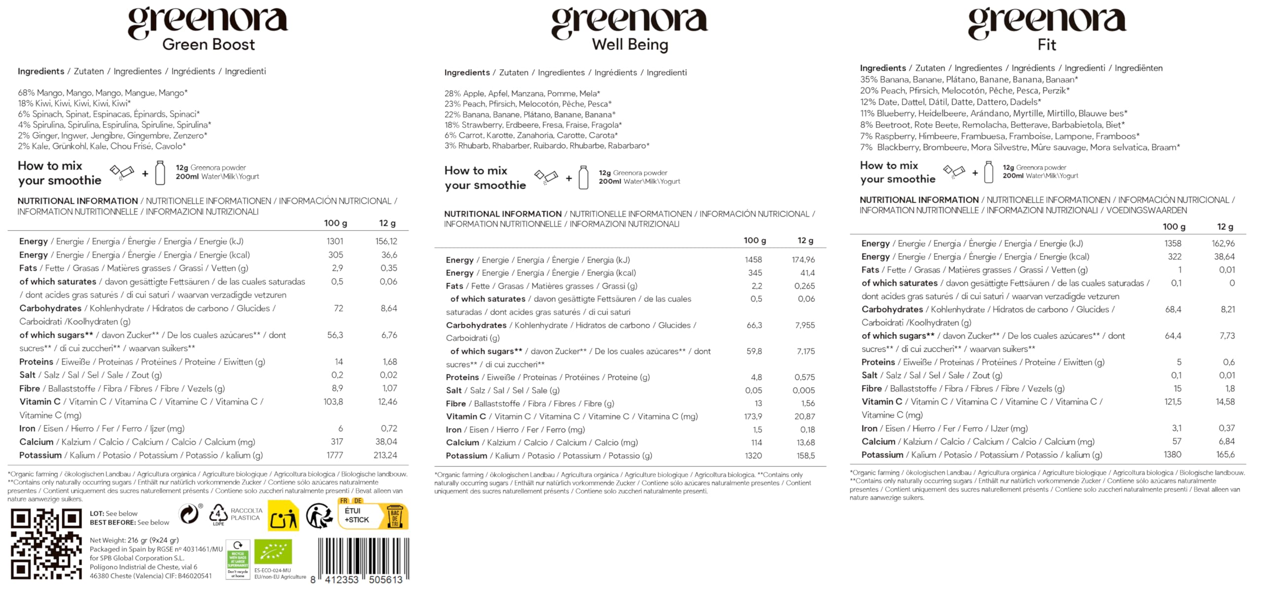 GREENORA Veganer Smoothie Gefriergetrocknetes Fruchtpulver 100% Natürlich BIO. Dehydriert. Erdbeere Apfel Ingwer Mango Rote Bete Spirulina. Ohne Zuckerzusatz 9x24g