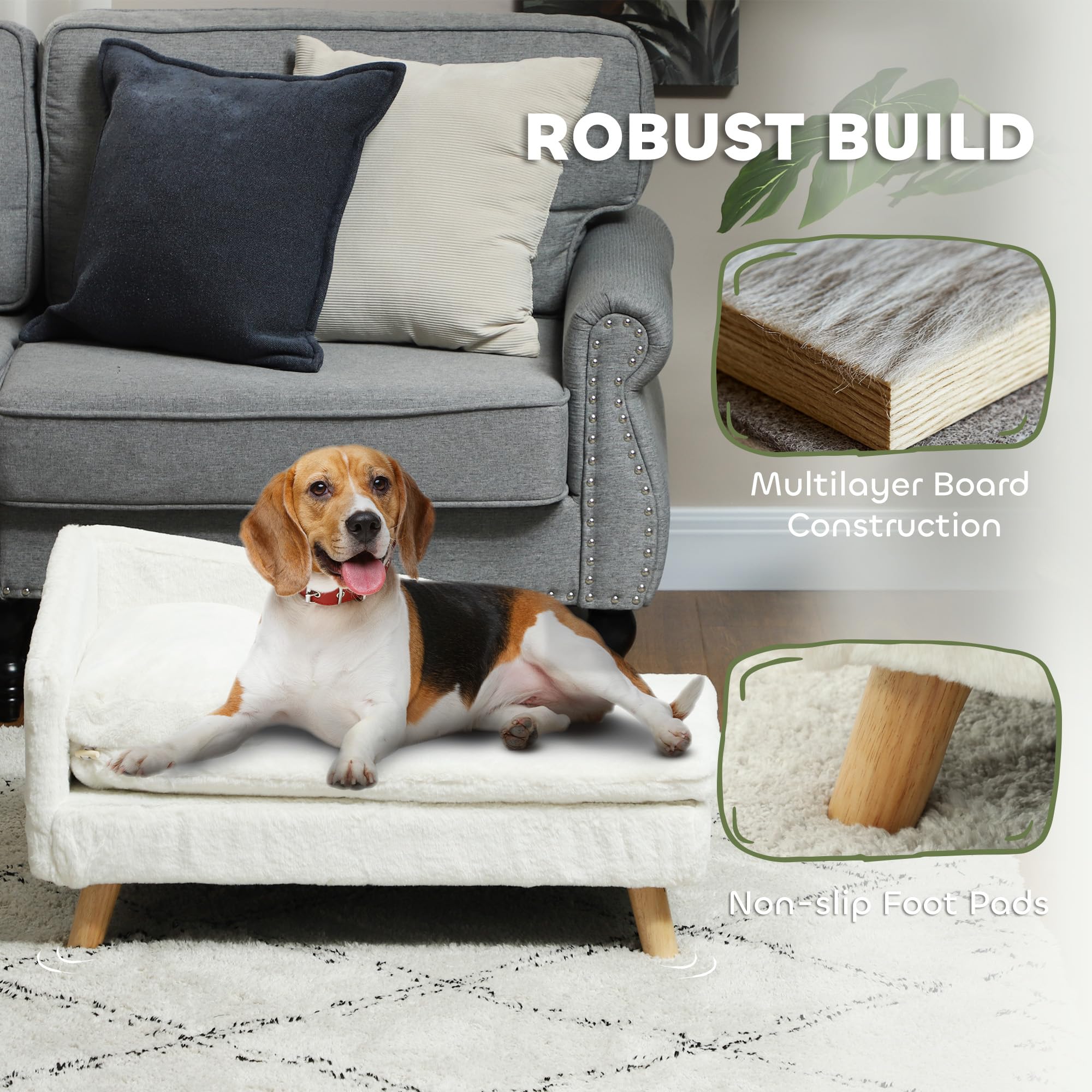 PawHut Sofá para perros, cama para gatos, con cojín suave, almohada, fundas extraíbles y lavables, felpa, 70W x 42.5D x 38.5H cm, crema