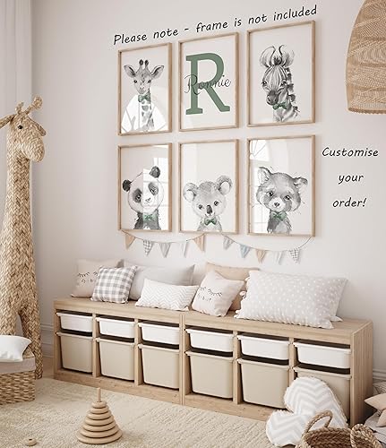 Miniatura 3 de Juego de 6 pósteres personalizados de animales de safari para bebés, niños, habitación del bebé, dormitorio, sin marco, con nombre personalizado,