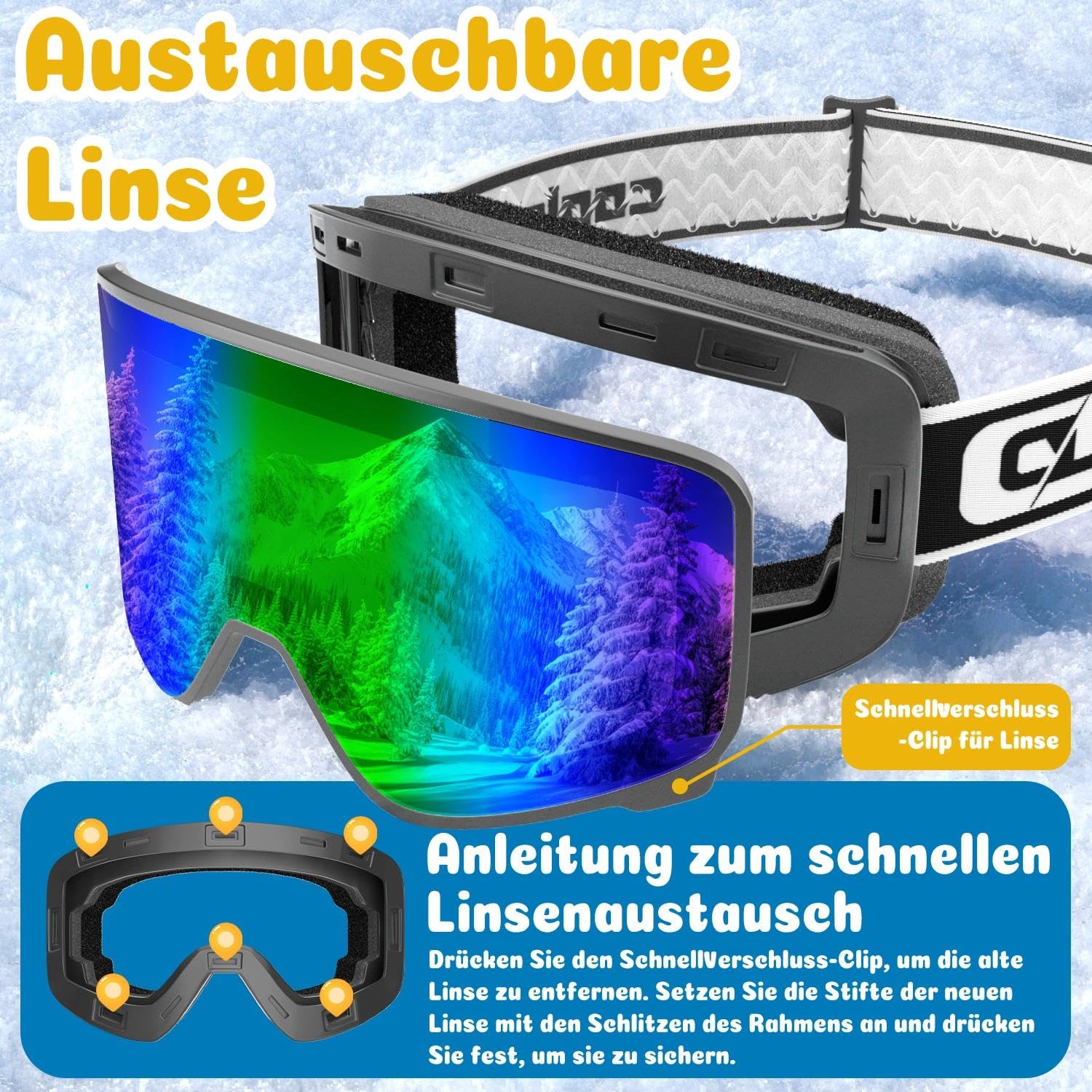 COOLOO Skibrille Kinder, Ski Brille für Brillenträger 100% UV-Schutz & Anti Fog Auswechselbare Linsen Rutschfestes Kopfband Kompatibler Helm Snowboardbrille für Kinder 3-14 Jahre