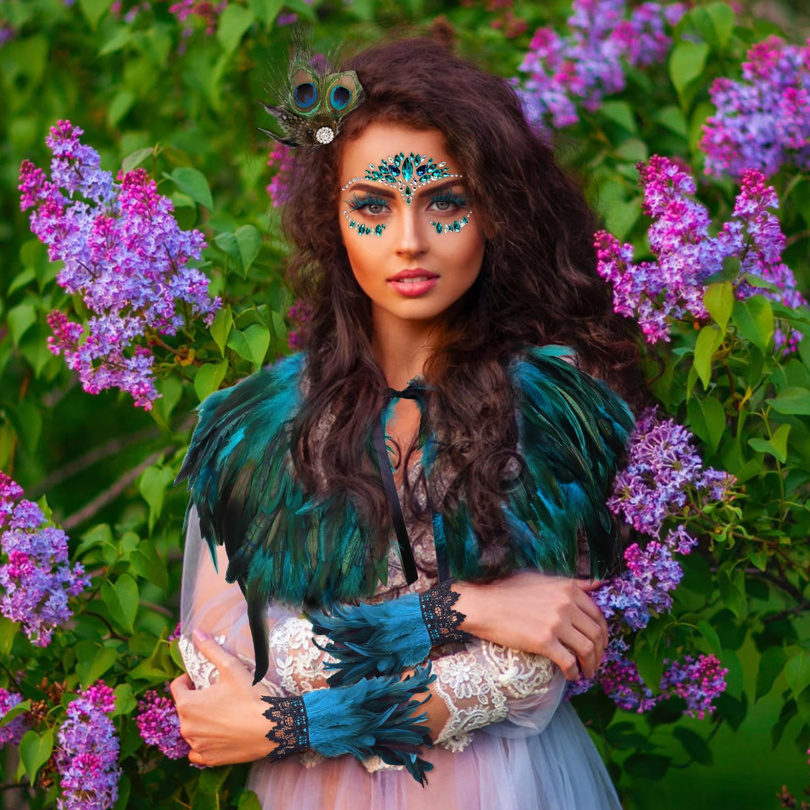 Huahuanghui Scialle Gotico di Piume, Gotico Piuma Naturale Polsino con Ciglia in Piume e Accessori per Capelli in Piume, Mantello di Piume Donna, per Carnevale Halloween Cosplay