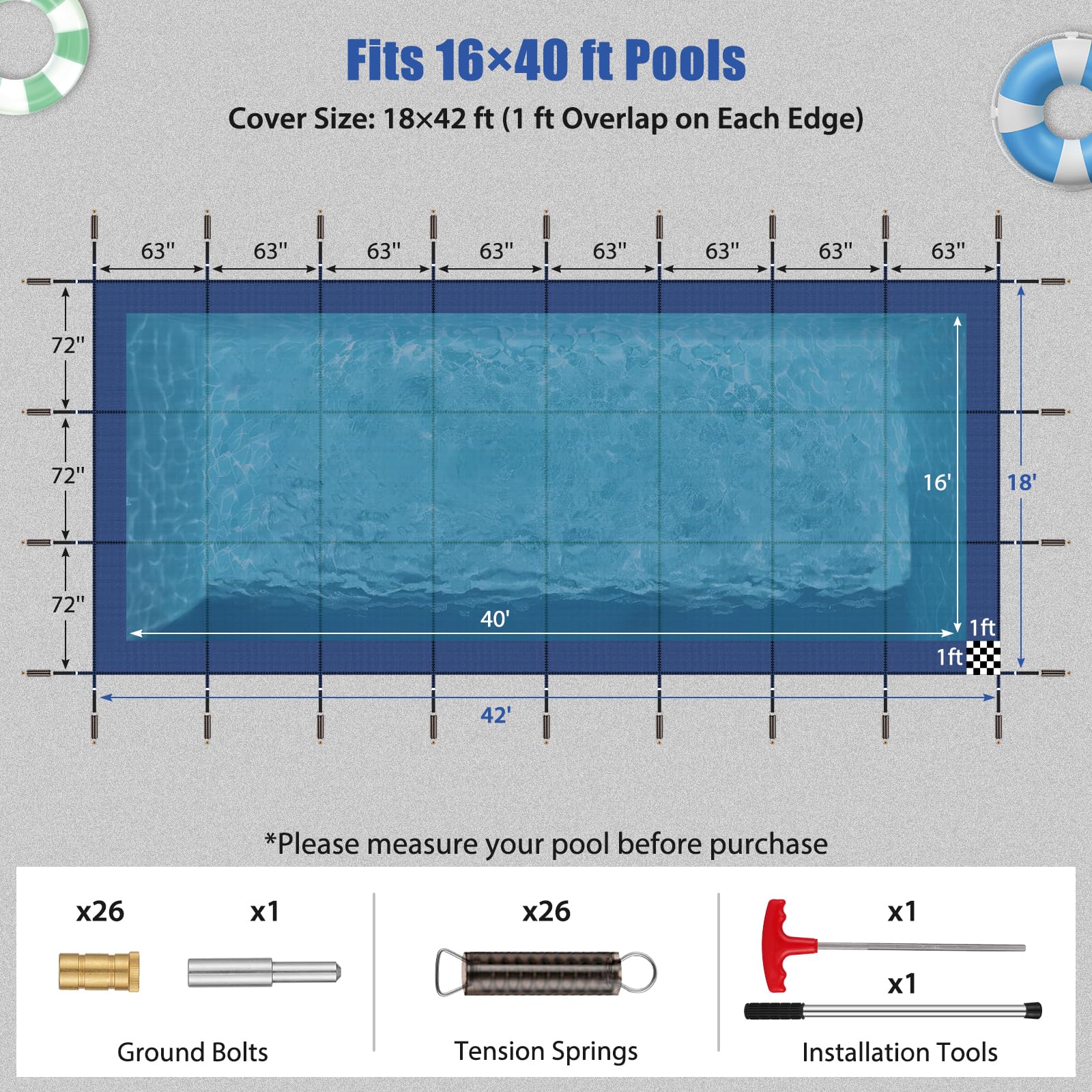 Bâche de sécurité pour piscine creusée rectangulaire, en maille solide pour piscines creusées, housse de sécurité d'hiver avec filet de sécurité et outils d'installation (bleu, convient aux piscines