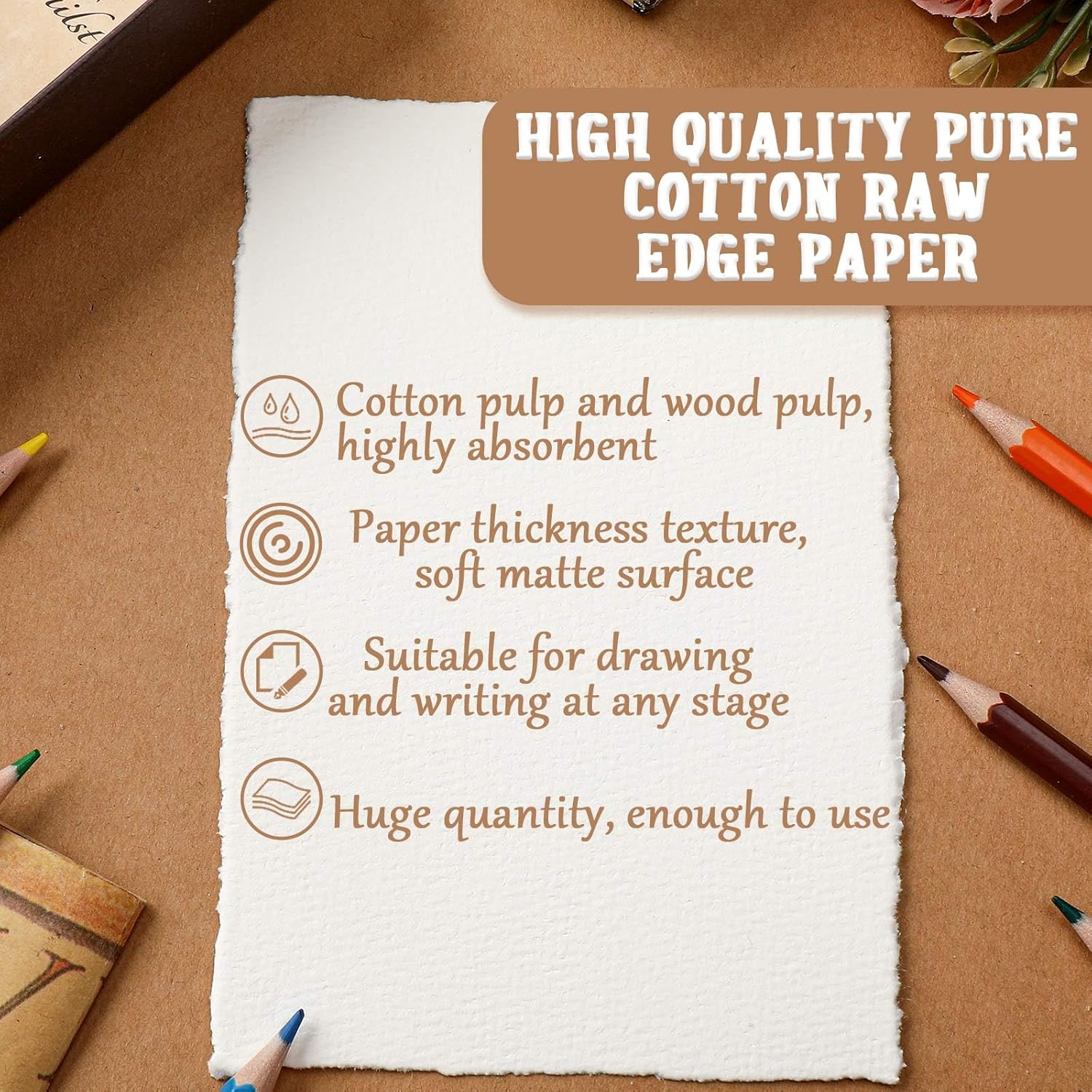 Panelee 100 Sheets 300 GSM Handmade Watercolor Paper Bulk with Deckled Edge 4 x 6 Inch Textured Cotton White Blank Thick Paper for Wedding Invitations Crafts Watercolor Greeting Cards