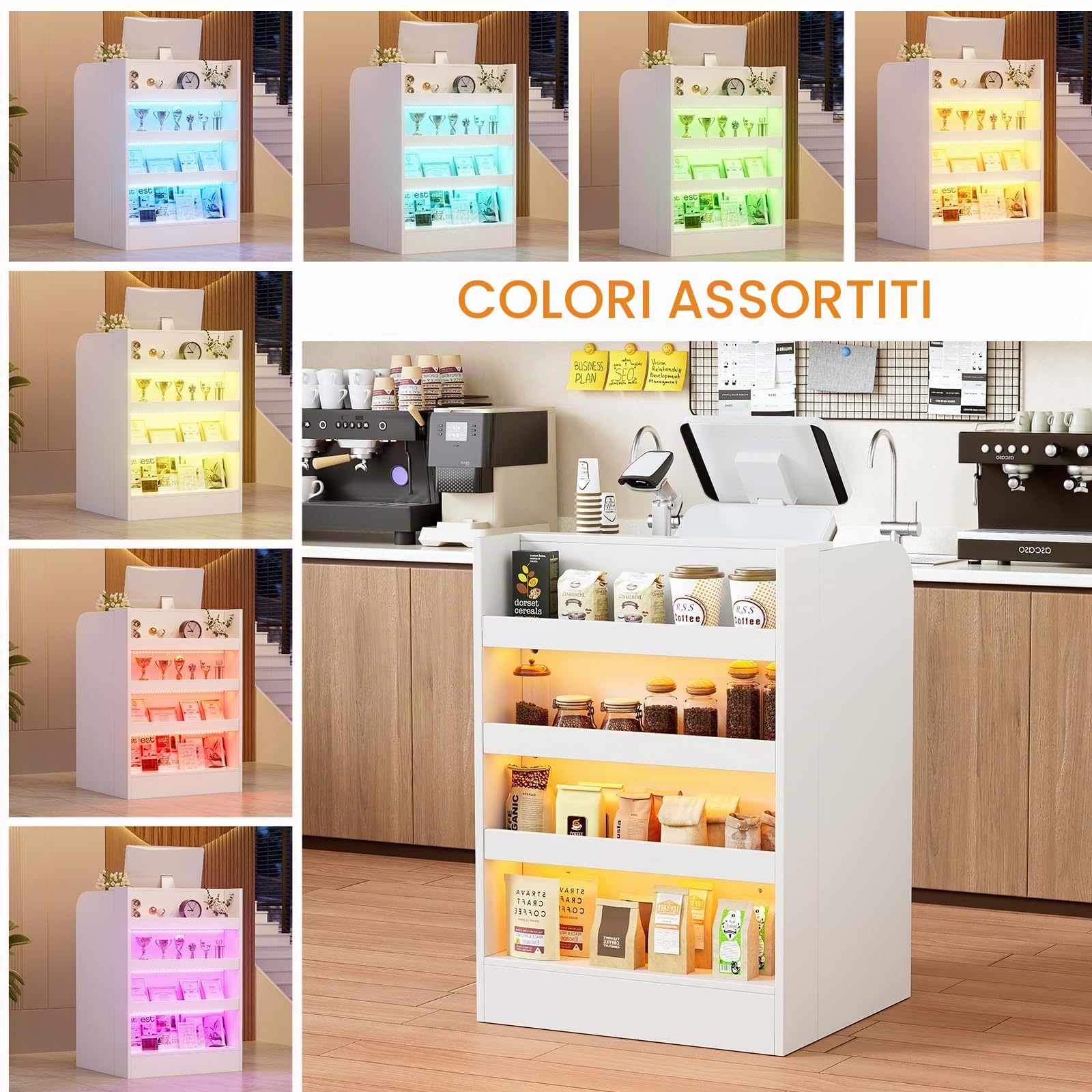 Bancone Reception con LED, Banco Reception con Cassetti e Armadi Chiudibili & Ripiani Aperti, Compatto Bancone Negozio Reception Estetica Banco Cassa per Hotel, Ufficio,Centro Estetico, 60x60x95CM