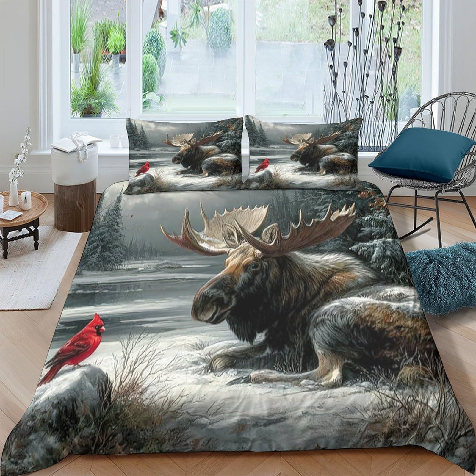Ctjqhvkz Style-2 3D Printed Forest Moose Fitted Sheet Microfiber Woodland Cardinal Mattress Cover For Bedroom Dorm Easy Care Decor Single（135X200cm）