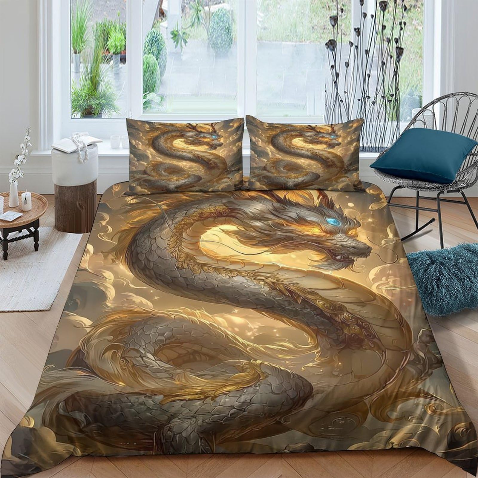 TUFRTGYHN 3D Printed Golden Dragon Duvet Cover Set Microfiber Breathable Bedding with 2 Pillowcases for Bedroom Home Decor Single（135x200cm）