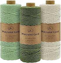 Macrame Yarn 2 mm x 100 m, 3 Rolls Macrame Cord Braided Set, Colourful Macrame Yarn for Wall Hanging Decoration, Natural Cotton Craft Cord for Crafts, Knitting, Boho Decoration