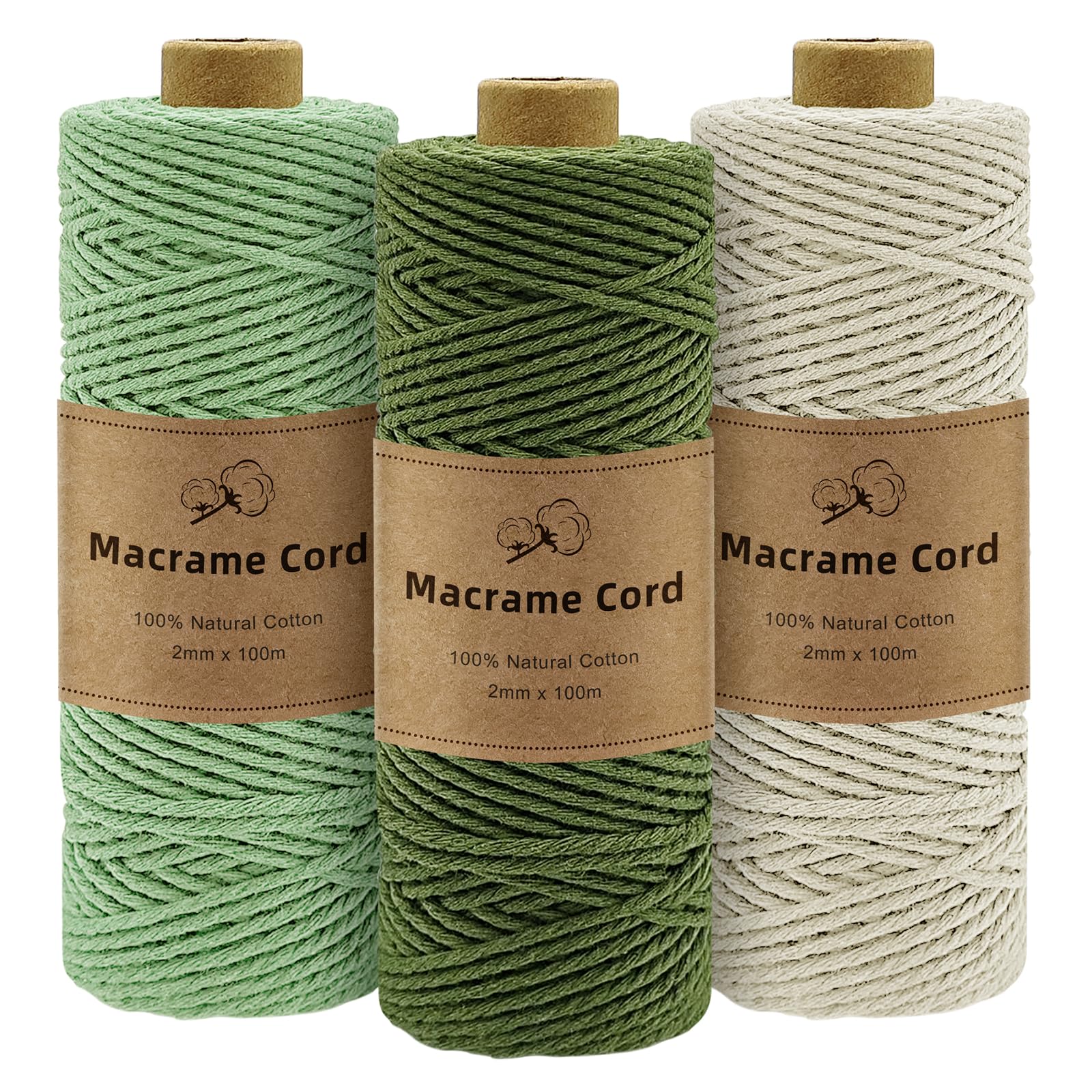 Gemtte Makramee Garn 2mm x100m, 3 Rollen Macrame Cord Geflochten Set, Bunte Makrameegarn für Wandbehang Dekoration, Natur Baumwoll Bastelschnur zum Basteln Stricken