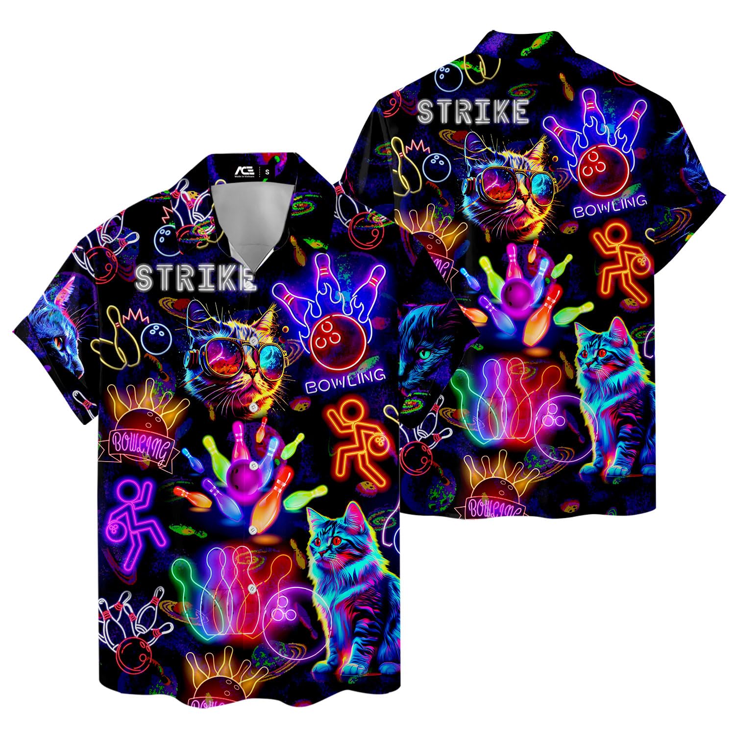 Neon Bowling Cat Hawaiian Shirt for Men Aloha Bowling Cats Mens Hawaiian Shirts Casual Short Sleeve Button Down Shirt Men A1