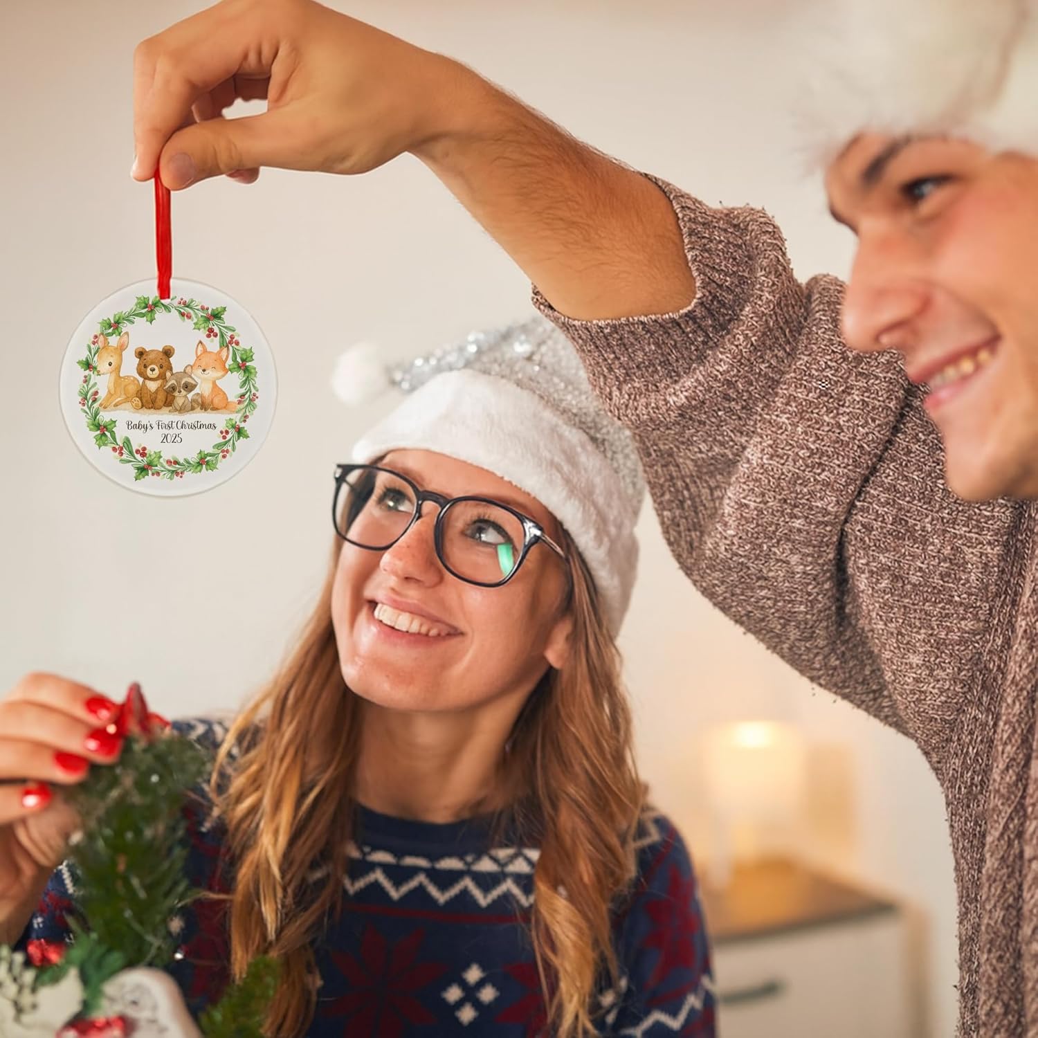 Baby's Frist Christmas Vintage Woodland Animals, Christmas Ornament 2025, 2 Sided Ceramic 3.5", Gift for Newborn Girl Boy - Image 4