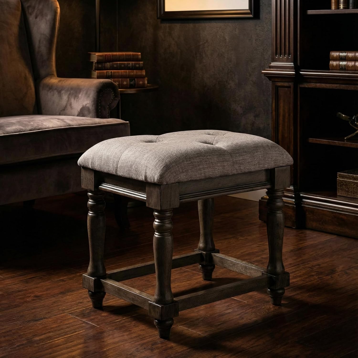 Cortesi Home Lacy Wooden Bench Ottoman, Tufted Grey Linen Fabric, 18"