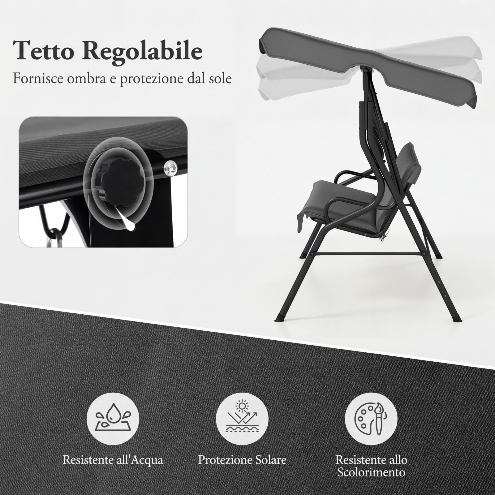COSTWAY Dondolo da Giardino 3 Posti con Tettuccio Regolabile, Cuscino Removibile, Sedia Sospesso con Struttura in Metallo, Portata 225 kg, 172 x 110 x 154 cm (Grigio)