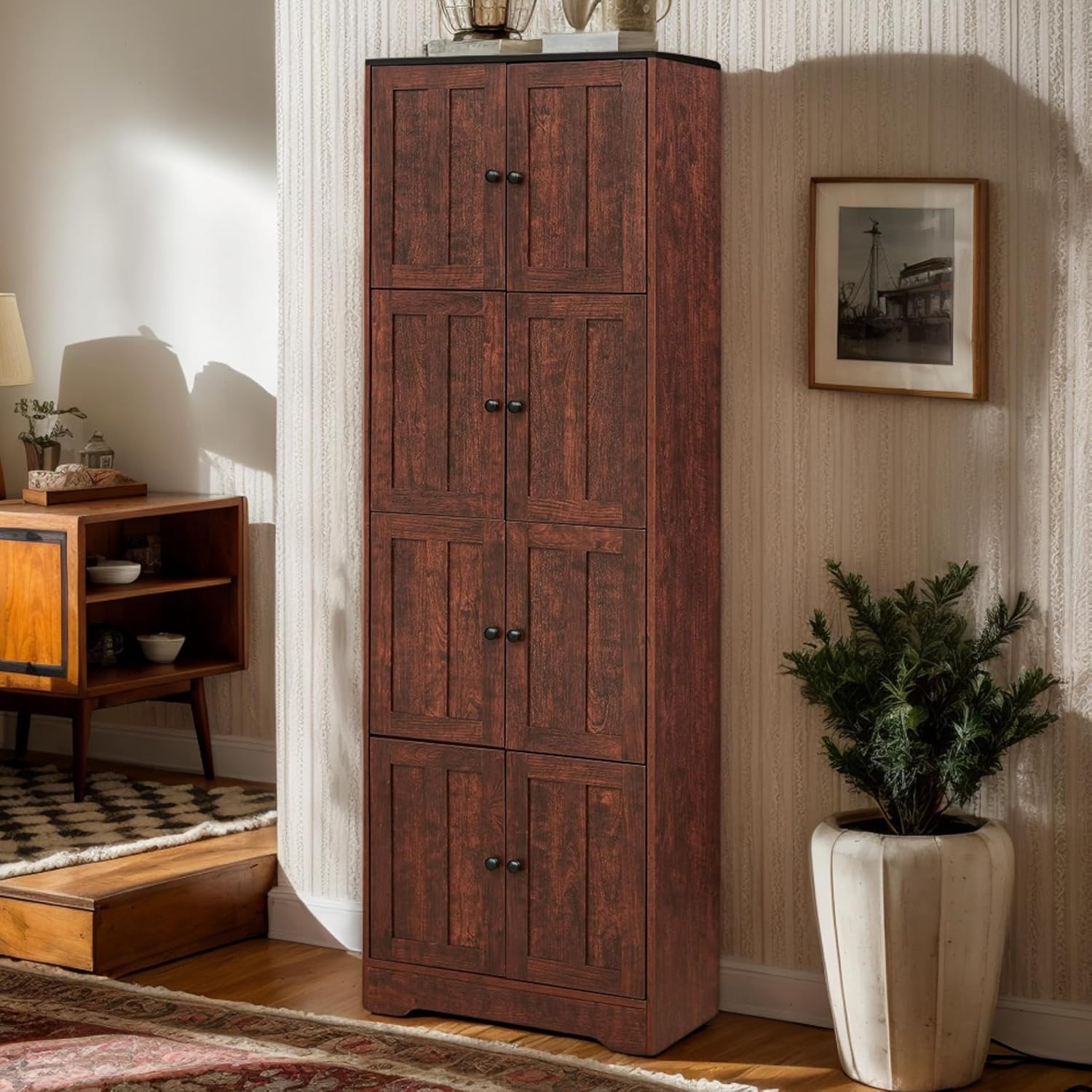 72" Tall Freestanding Bathroom Cabinet with 8 Doors, Wooden Floor Kinchen Pantry Cabinet with Adjustable Shelves, Farmhouse Cupboard for Kitchen & Dining Room (Walnut)