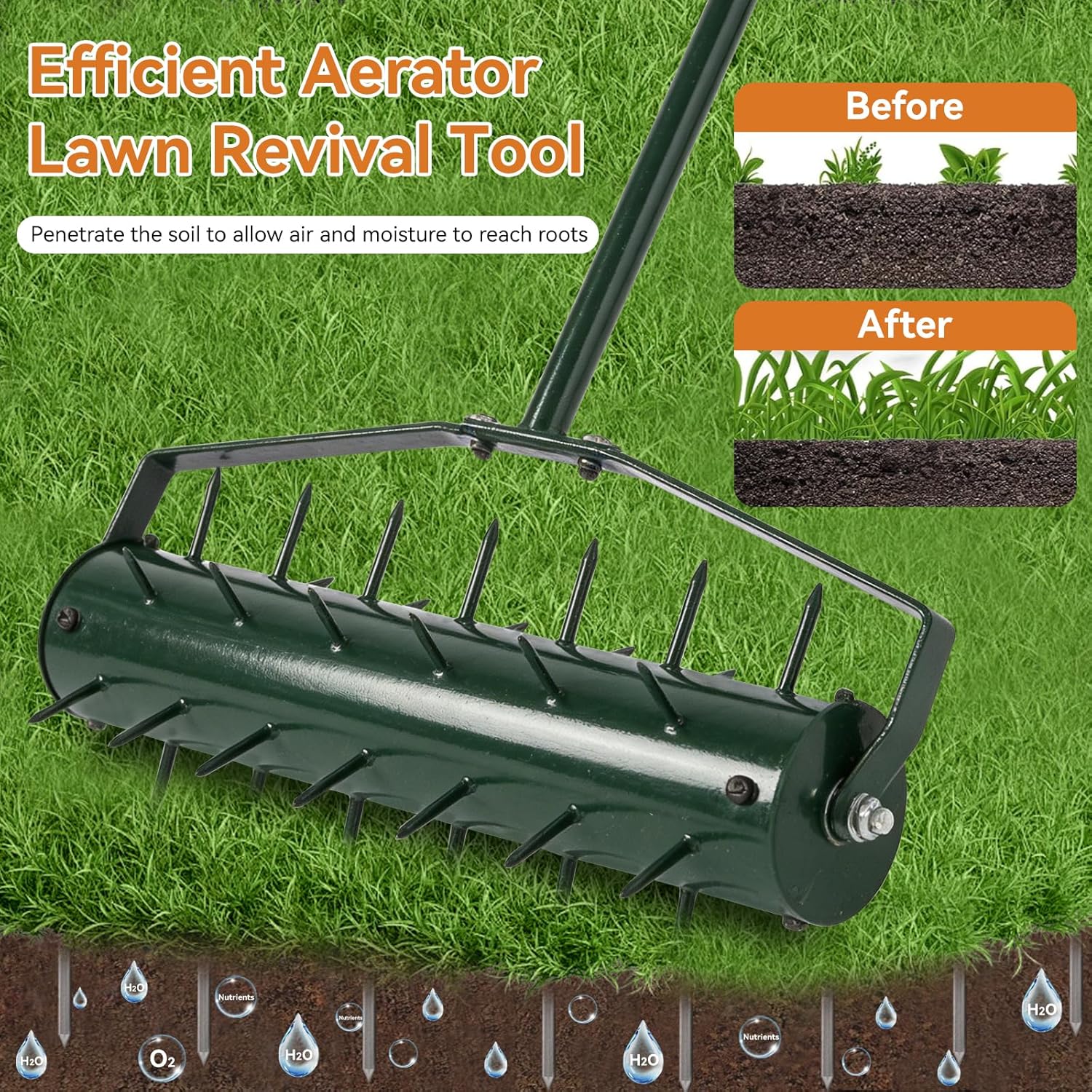 21" Rolling Lawn Aerator, Heavy-Duty Manual Aerator Tool with 2.2" Pre-Welded Penetrator Spikes and 50" Handle for Lawn Care, Grass Aeration for Patio, Garden, Yard, Cropland to Loose Soil