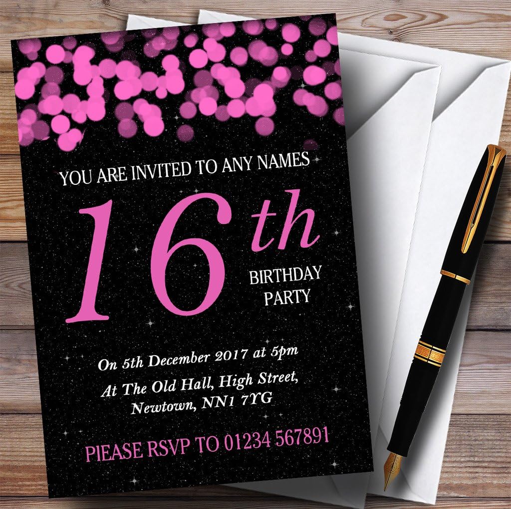 Pink Bokeh & Stars 16th Personalized Birthday Party Invitations