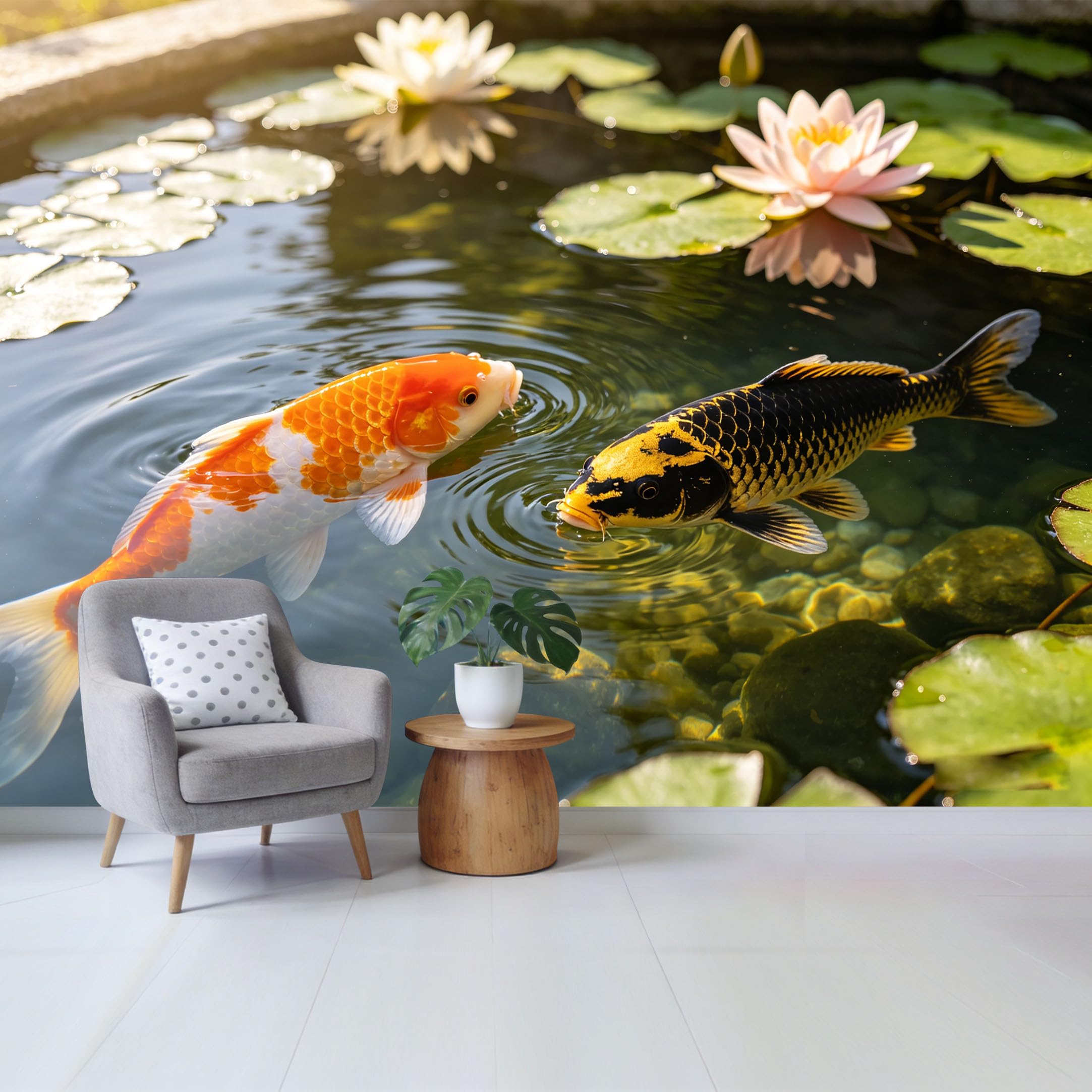 Qzlithotic Yq2605250160 Custom Size Wall Mural Zen Koi Fish Pond Blooming Water Lily Natural Landscape 3D Visual Selfadhesive Wall Fabric Removable Wallpaper For Home Office Decor