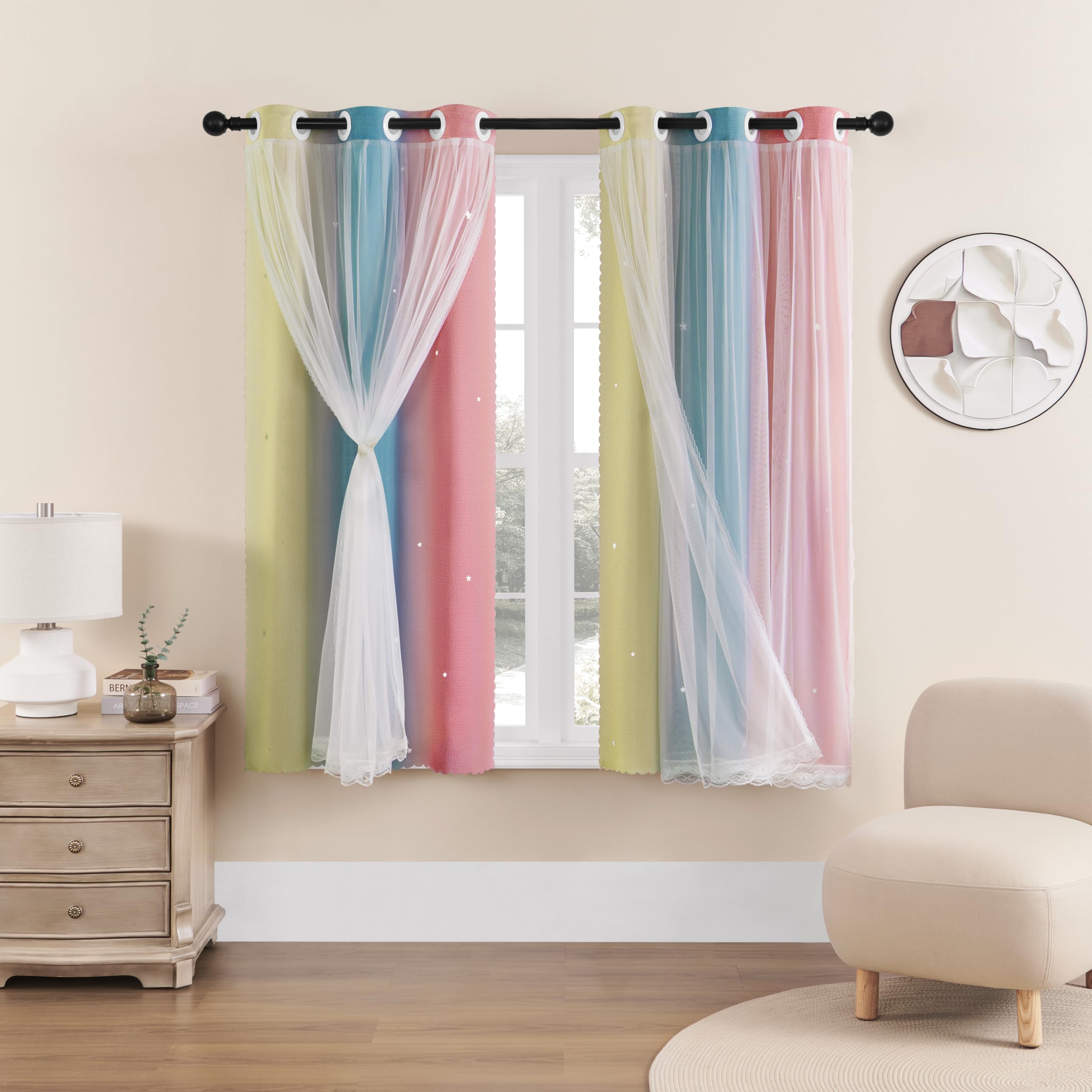 XiDi Curtains for Bedroom Decor, Rainbow Pink-Blue-34-45