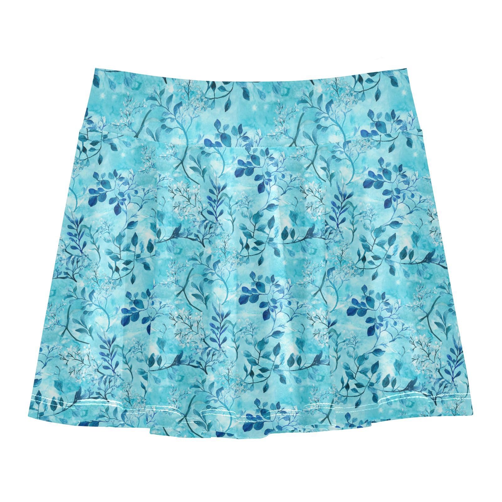 Watercolour Turquoise Flowy Girls Skorts with Built-in Shorts Pleated Skirts for Kids Little Girl SkortWith Pockets