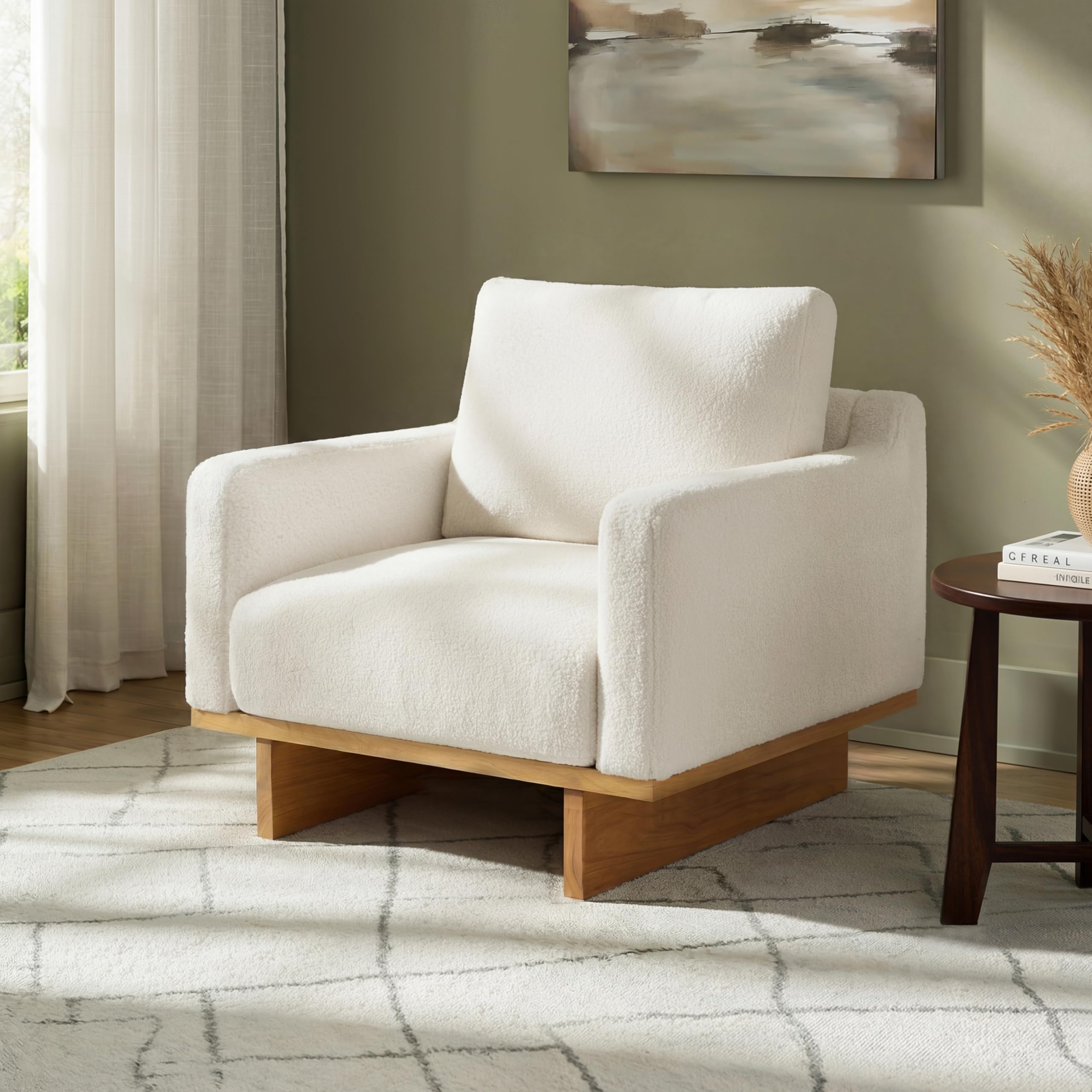 Mid-CenturyModern Accent Armchair, Solid Wood Frame, Soft Cushions and Spacious Design, for Living Room, Bedroom and Study (White)