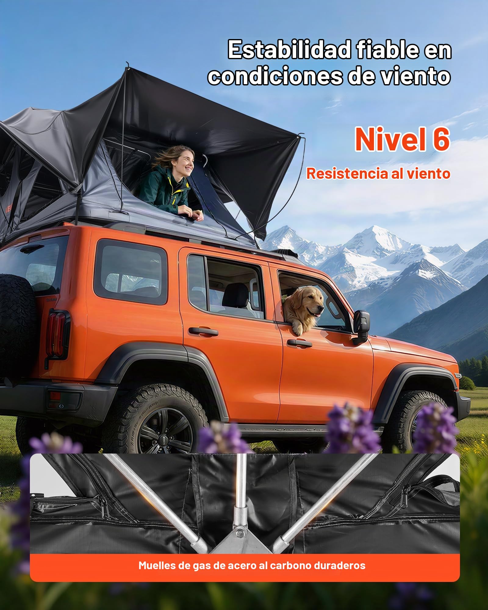 VEVOR Tienda de Techo Rígida para 2-3 Personas, Tienda de Campaña para Techo de Coche con Luz LED, Colchón Grueso y 10 Ventanas, Impermeable y Resistente al Viento, para Jeep, SUV, Camionetas