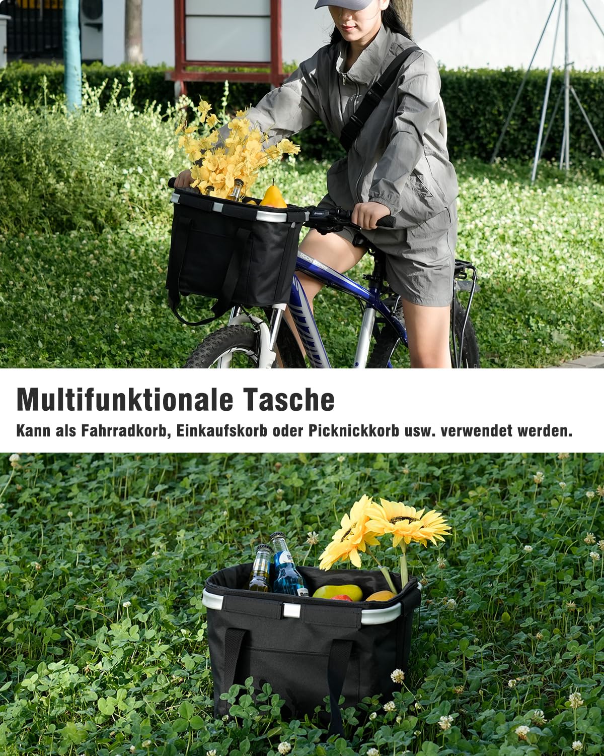 Diurwur Cesta delantera para bicicleta, impermeable, cesta para manillar de bicicleta, cesta de transporte extraíble, cesta de la compra, cesta de pícnic, cesta plegable para manillar con accesorios