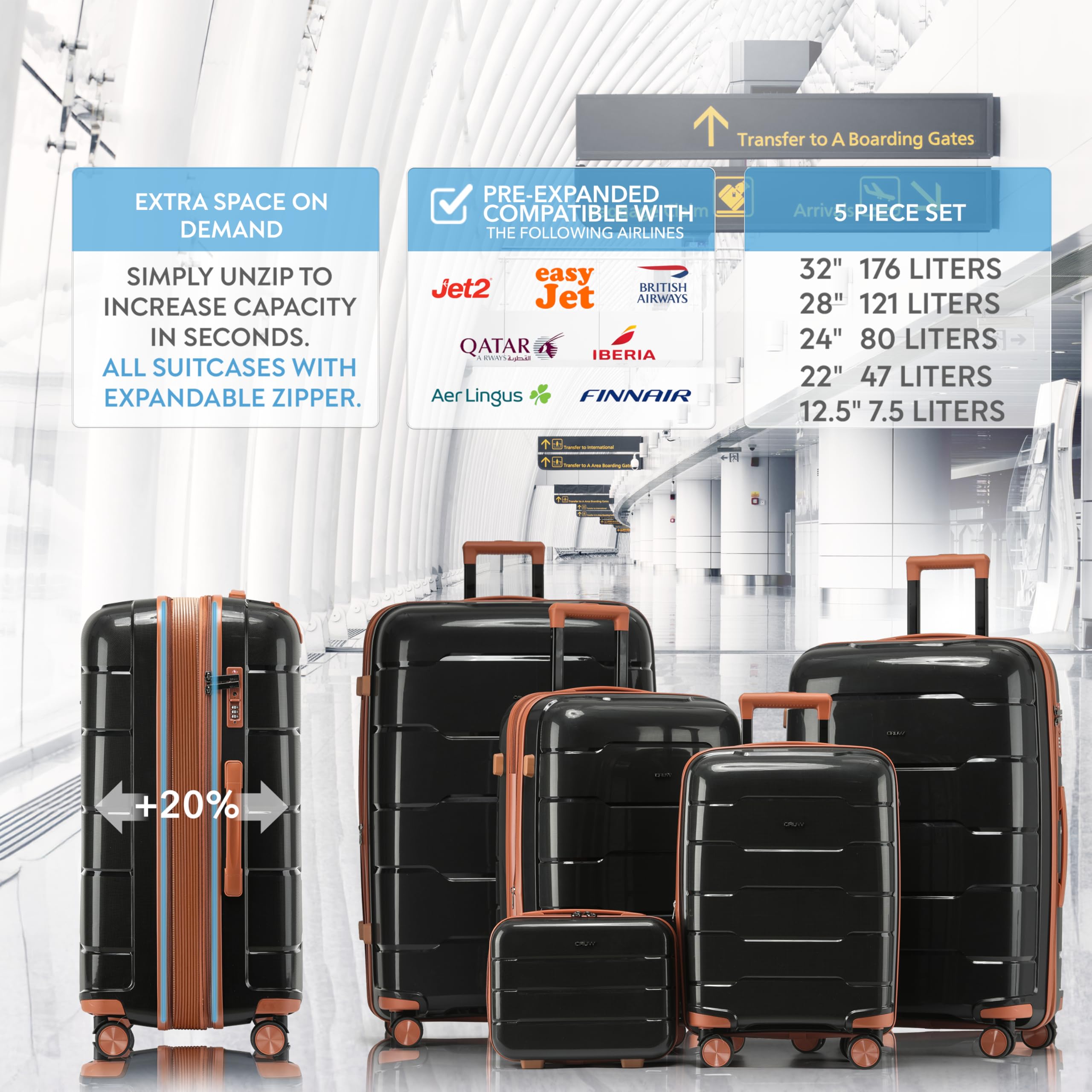 CRUW 2-Piece Luggage Set Expandable Polypropylene Suitcase Set TSA Locks 8 Silent Spinner Wheels Lightweight Nested Suitcases Travel Set easyJet BA Jet2 Airline-Approved Carry-On & XL Check in