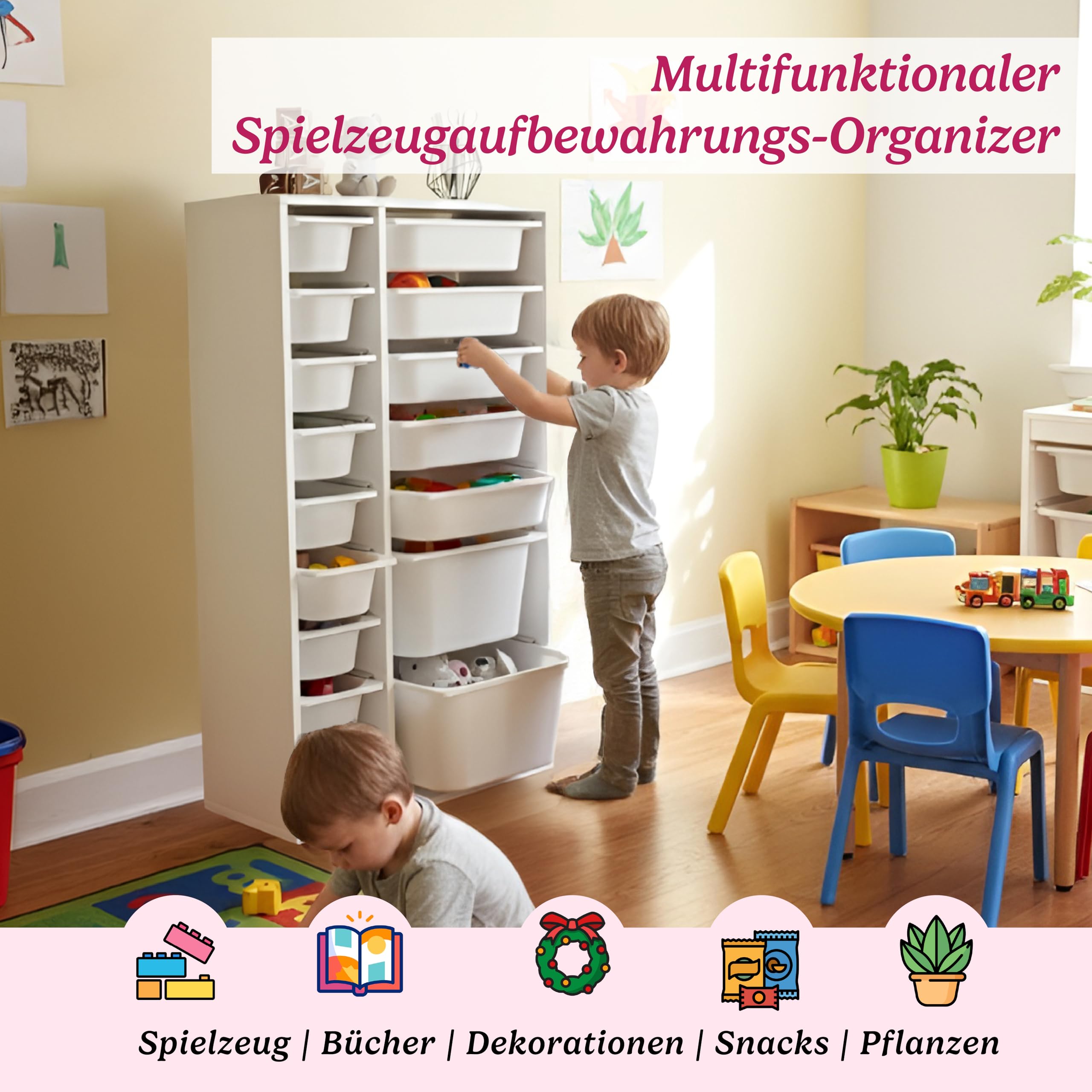 LEOKIDS Spielzeugaufbewahrung mit 16 Boxen – Kinderregal Spielzeugschrank Organizer Weiß MDF