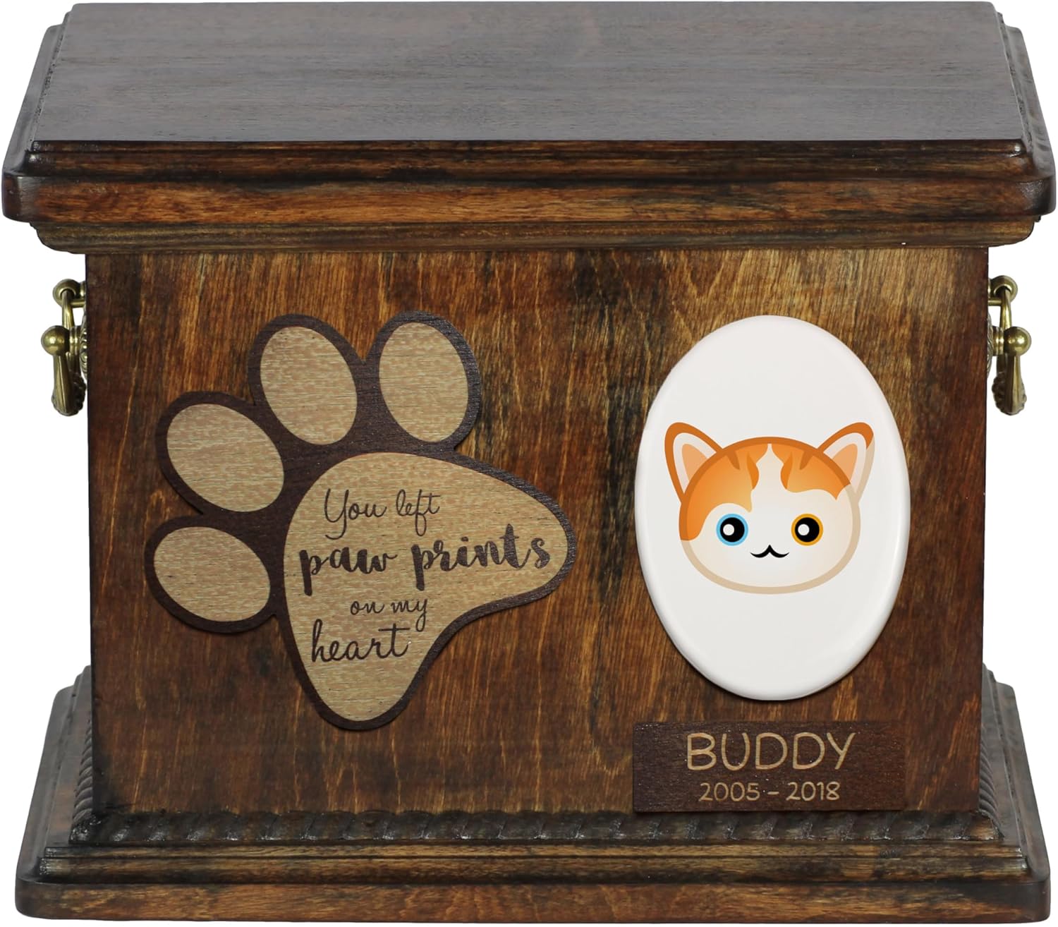 Art-Dog Custom Cat Memorial Urn - Handmade Wooden Box with Ceramic Plate - Personalized Cat Cremation Box – Geometric Design – 8,3x11,4x8,7” – Turkish Van