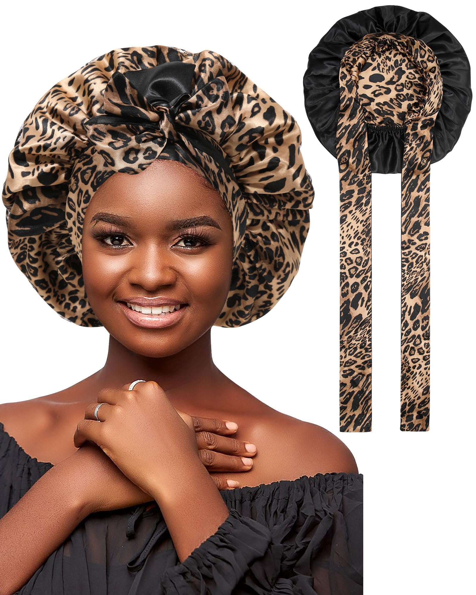 Satin Bonnet Silk Hair Wrap for Sleeping - Reversible Night Cap with Tie Band (Leopard + Black)