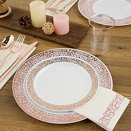 FOCUSLINE 350 Ct Rose Gold Dinnerware Set for 50 Guests, Rose Gold Lace Plastic Plates Disposable Heavy Duty, Including 50 Dinner & Dessert Plates, Cups, Napkins, Cutlery Set
