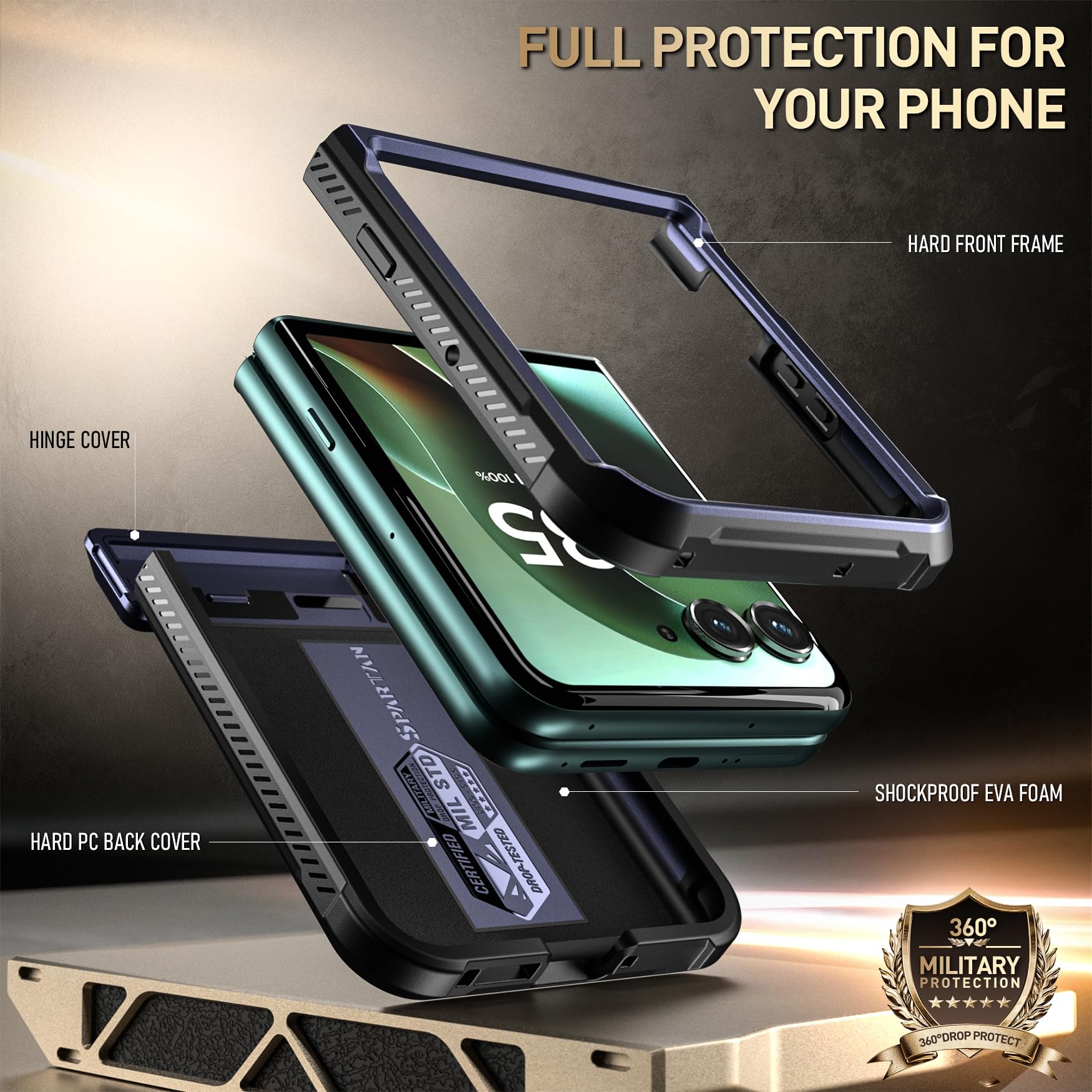 Poetic Spartan - Custodia per Motorola Moto Razr Ultra 2025, [Supporto][Protezione Cerniera][Testato Caduta 20FT Grado Militare], Custodia Protettiva Robusta Antiurto Corpo Intero con Supporto, Blu