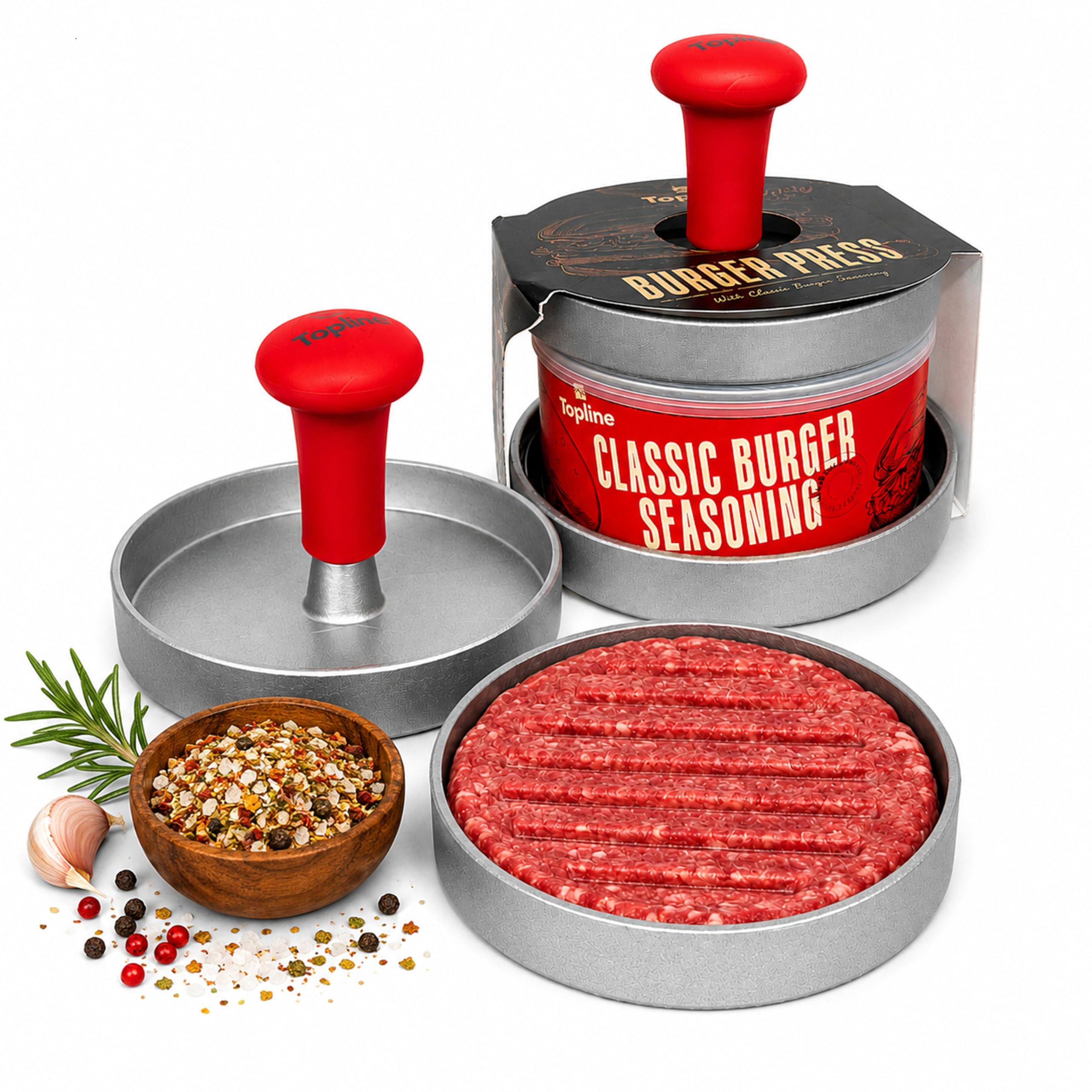 Pressa per hamburger e condimento classico, set per hamburger con condimento per hamburger gourmet, perfetto strumento per barbecue e set di spezie per hamburger fatti in casa, regalo per gli amanti