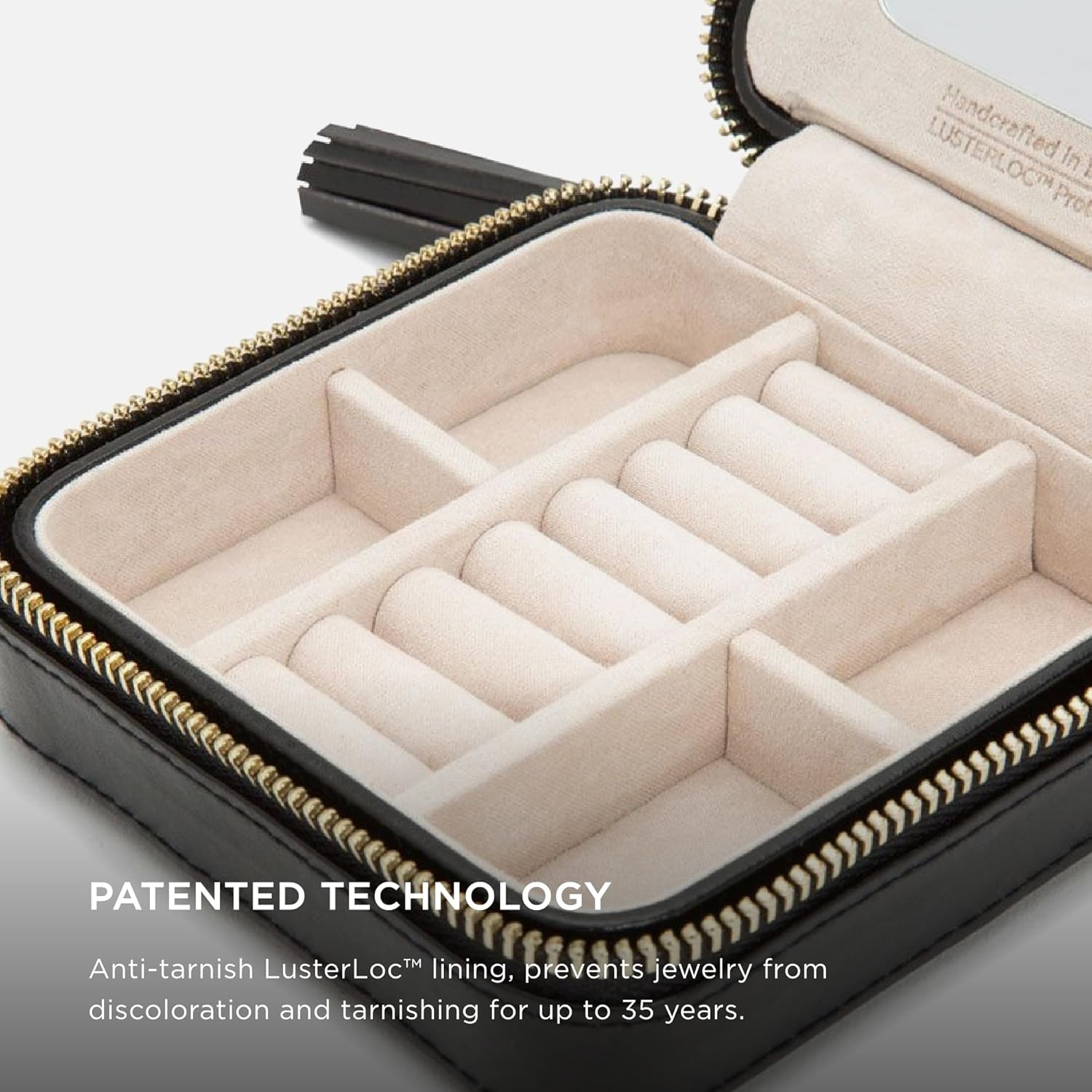 WOLF Caroline Zip Travel Case, Black - Seven Ring Rolls, Four Compartments, Three Necklace Hooks & Pocket - Anti-Tarnish LusterLoc Lining - Image 3