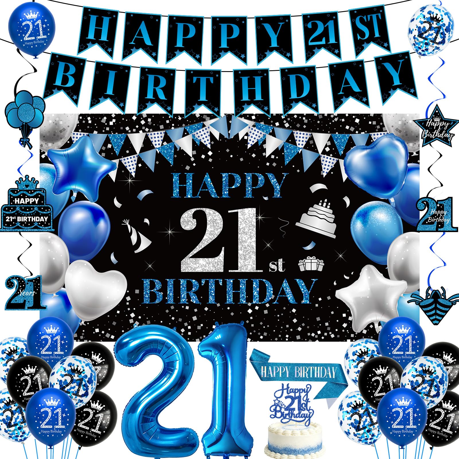 21st Birthday Decorations for Boys Girls, Blue Black Party Supplies