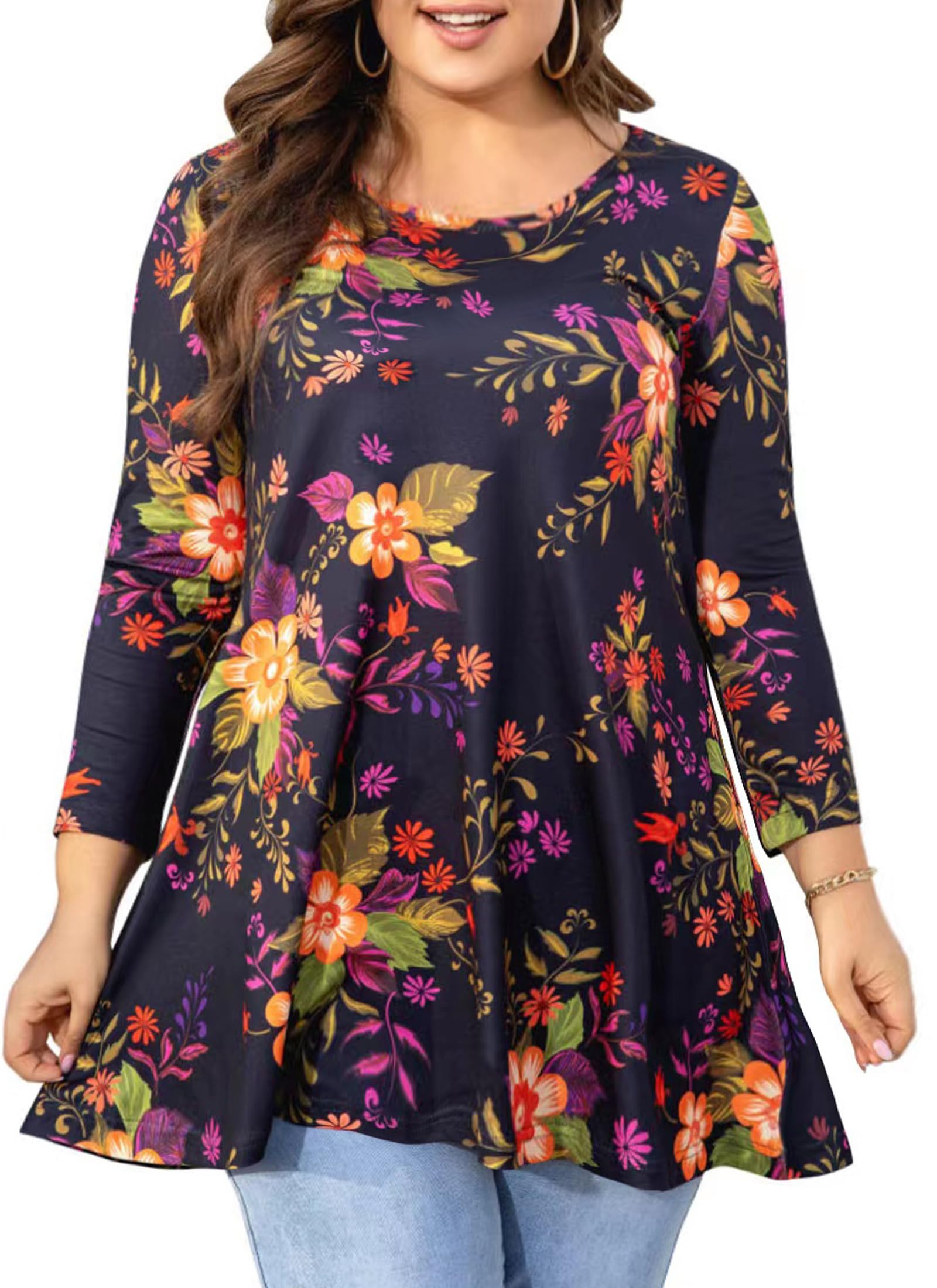 splensive Womens Tunic Tops 3/4 Sleeve Plus Size Crew Neck Swing Flare Loose Fit T-Shirt Blouses to Wear with Leggings