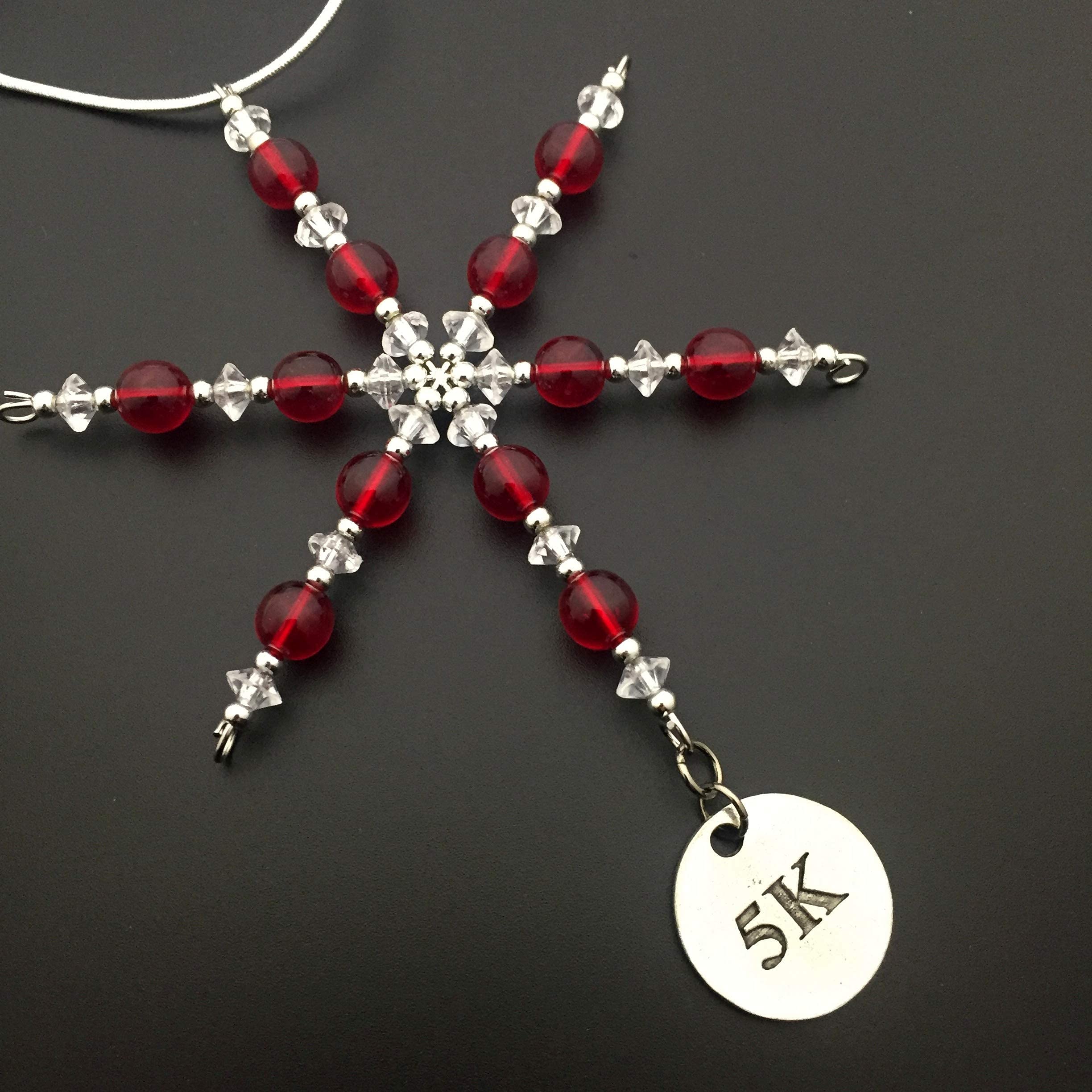 5K Ornament - Beaded Snowflake 5K Christmas Ornament/Gift Tag with Round Pewter 5K Charm with Jewelry Box - Handmade with Red Vintage Beads