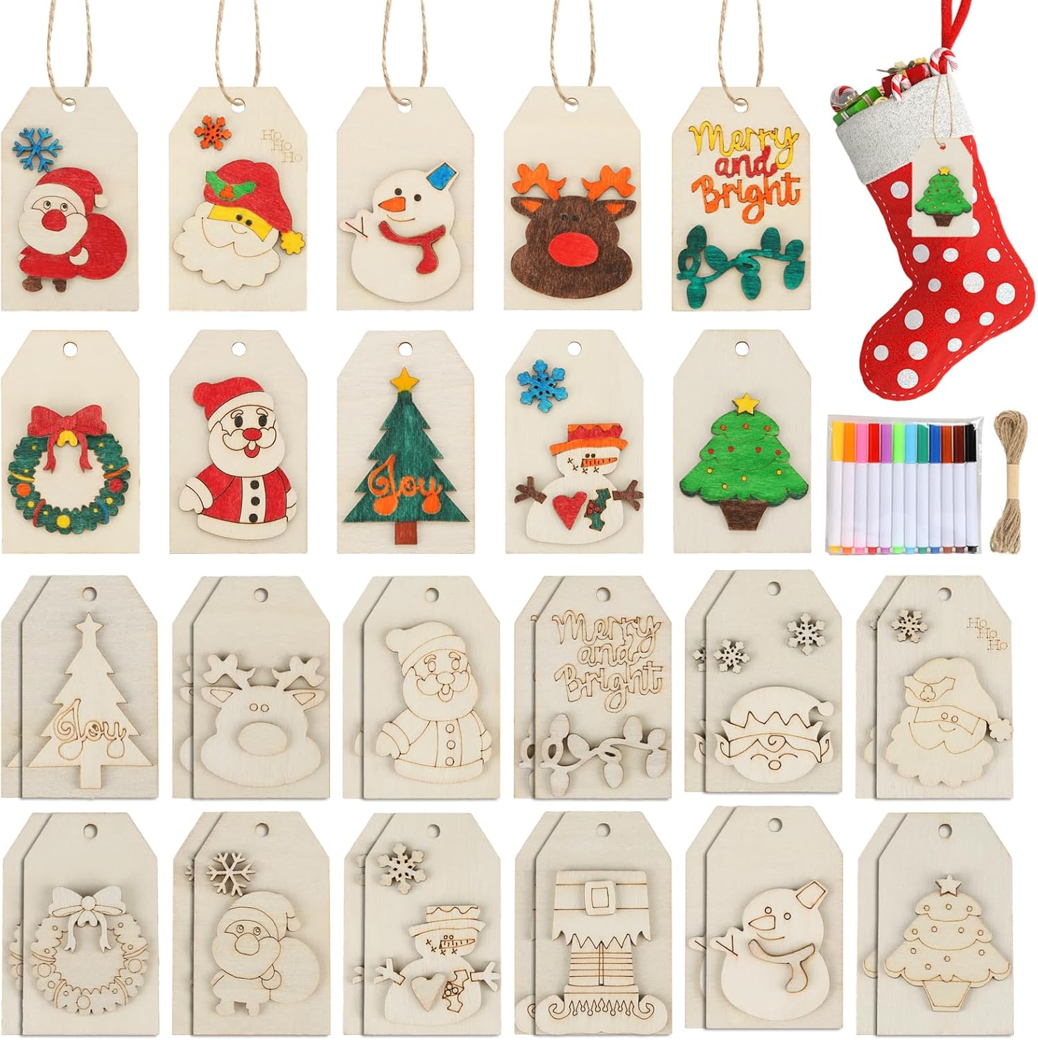 DIY Wooden Christmas Gift Tags, 24 Pcs Wooden Art Craft Supplies Painting Kit for Kids Christmas Crafts Activities Party Favors for Boys Girls Ages 4-8 8-12 Stocking Stuffers Xmas Ornaments Decor