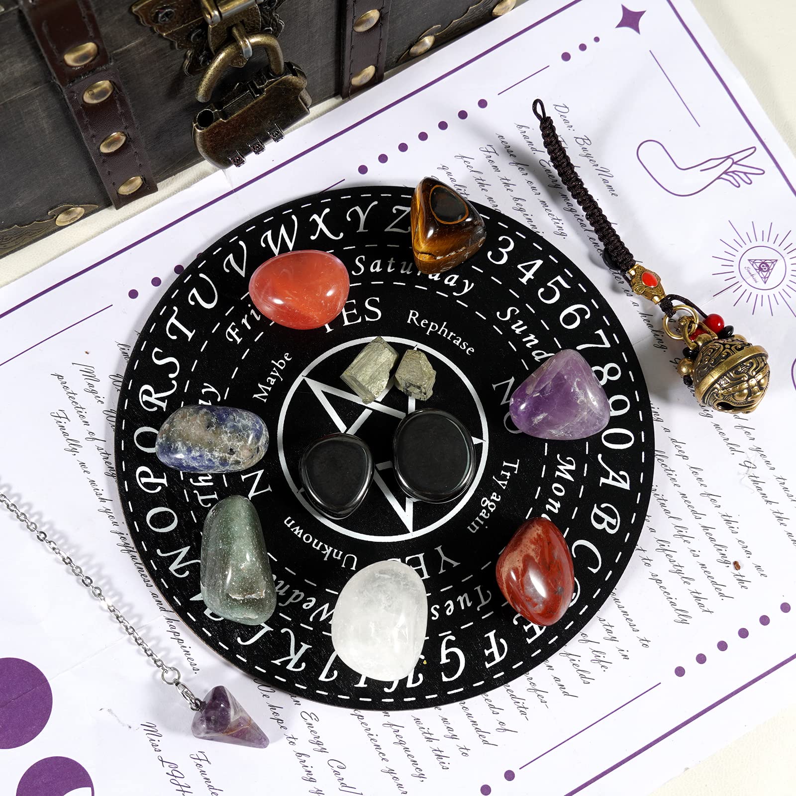 soulnioi 15pcs Healing Crystal Set including Wooden Box for Beginners: 7 Chakra Tumble Stones, Amethyst Pendulum, Hematite - Image 3