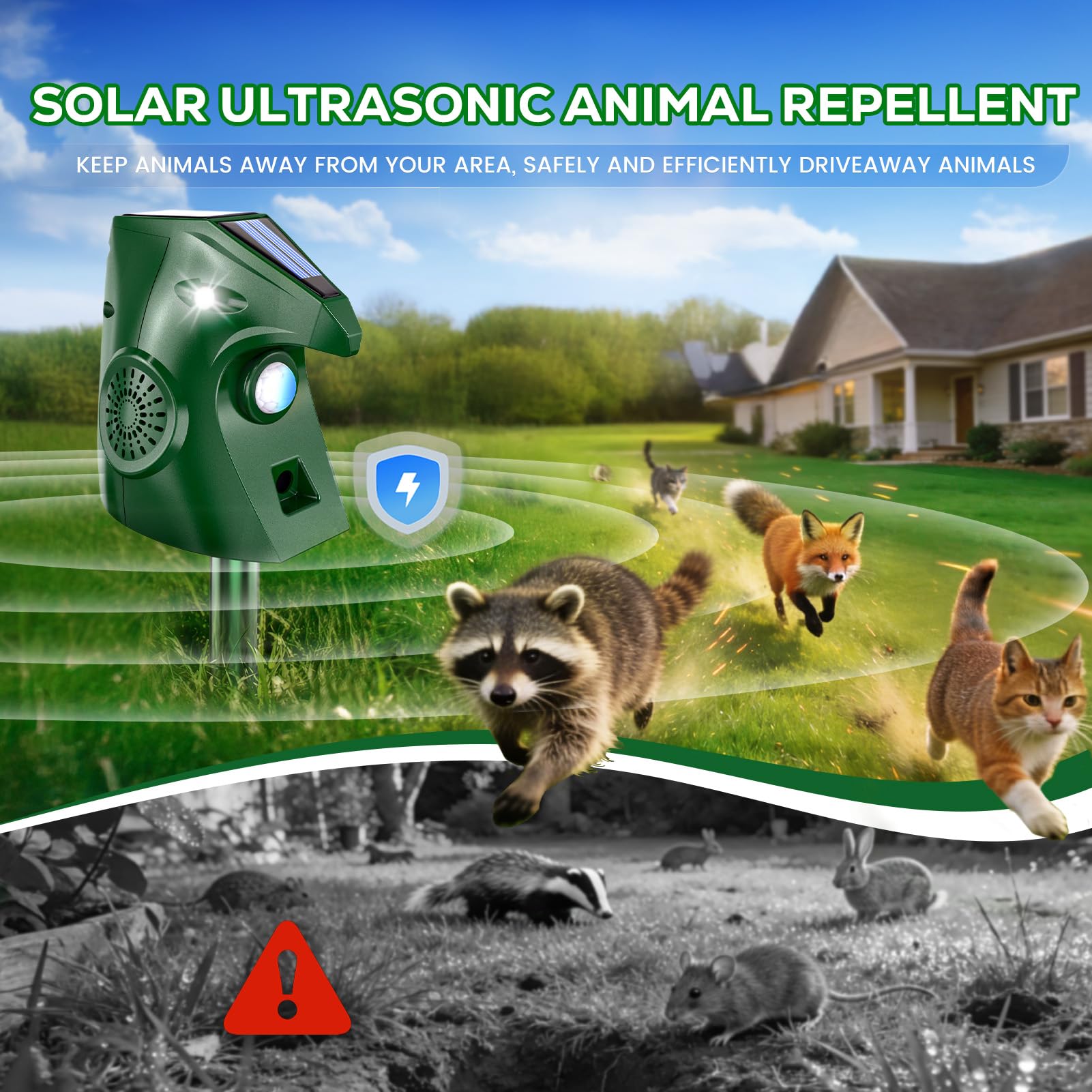 Ultrasonic Animal Repellent Outdoor, Solar Power Cat Rodent Raccoon Repeller, Squirrel Skunk Control Device with Motion Sensor and FIashing Light, Waterproof Rabbt Snake Deterrent for Outdoor - 2