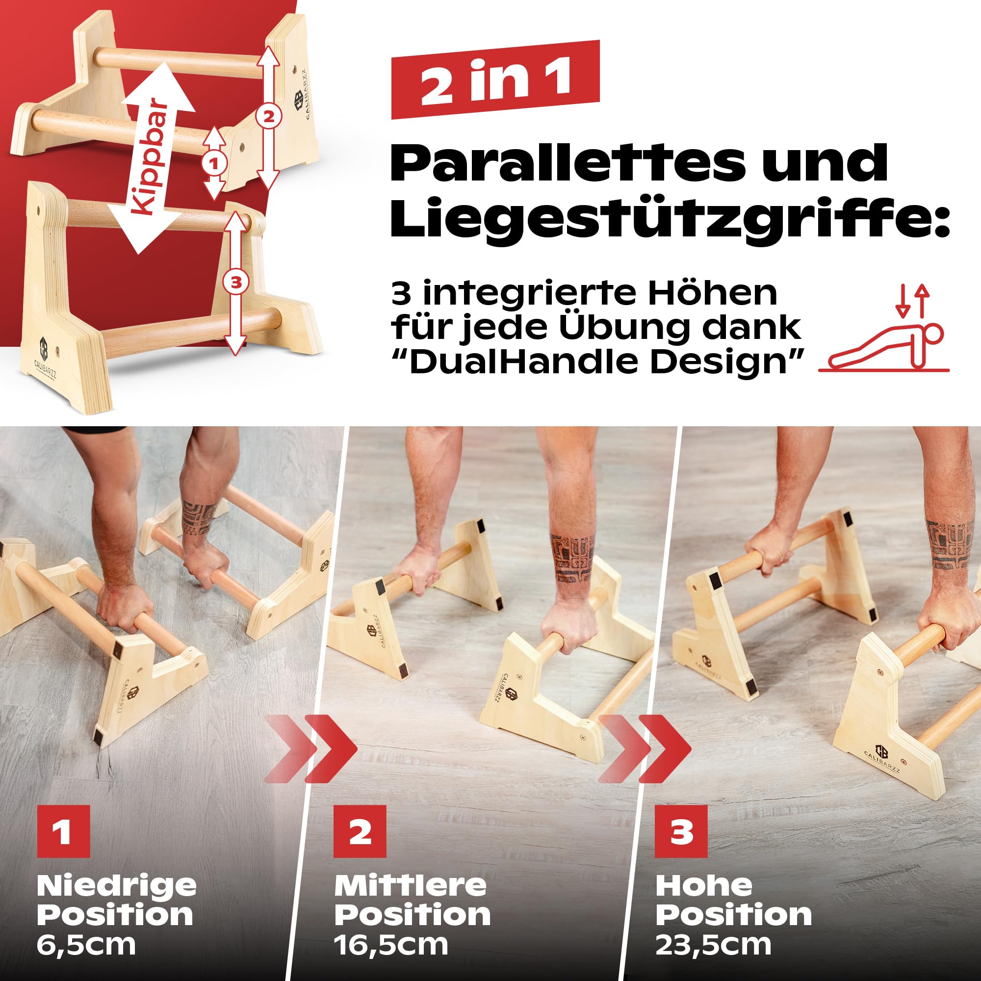 Calibarzz Parallettes & Liegestützgriffe aus Holz [3 Höhen] Push up Bars - Handstand Griffe - Dip Bars | Calisthenics Equipment für Home Workout und Outdoor