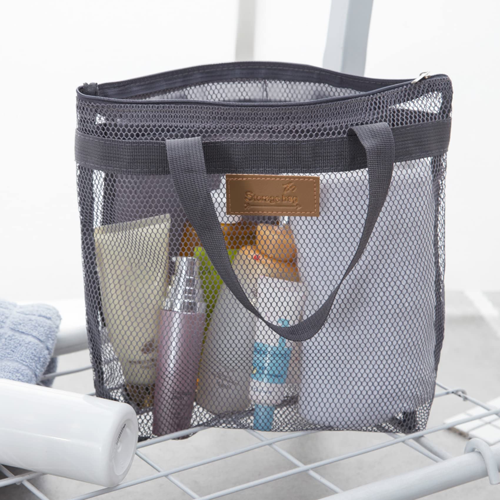 TTTST Portable Mesh Shower Caddy Tote Quick Dry Tote Bag with Zipper Hanging Toiletry Bath Organizer for Travel